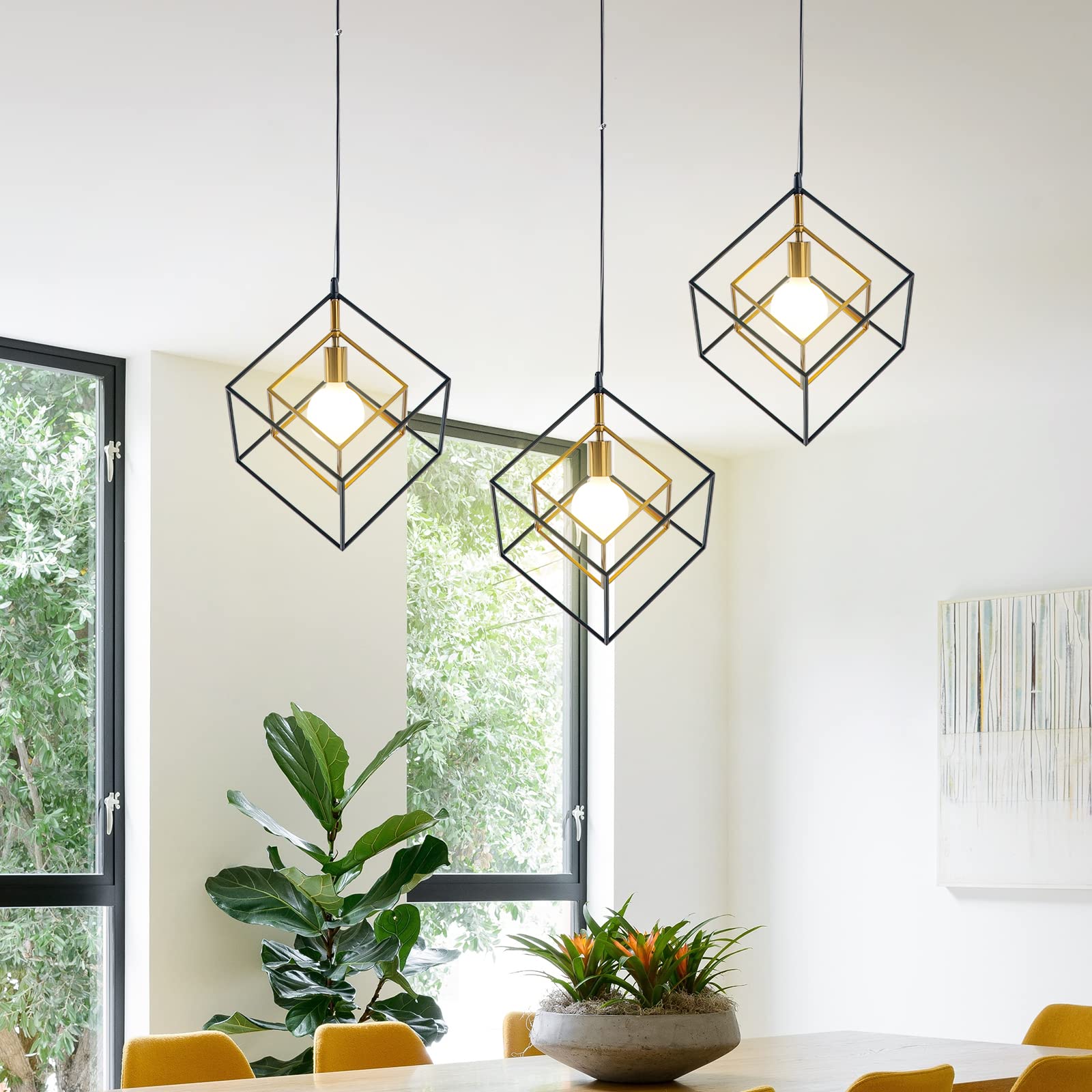 SHANSRUI Modern Geometric Chandelier, 1-Light Metal Pendant Light Fixture Black Brass Hanging Ceiling Light Industrial Farmhouse