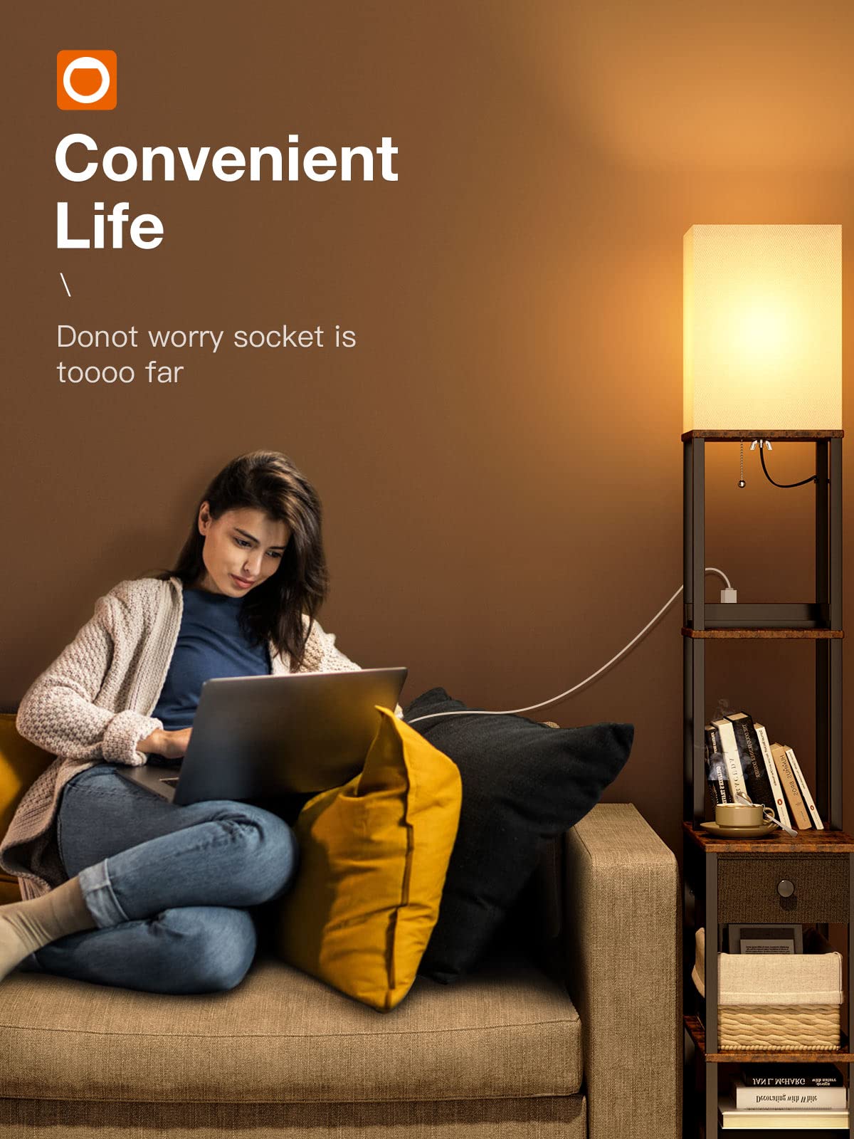 Addlon Floor Lamp With 2 Usb, 1 Outlet And Drawer, 3 Color Temperatures Led Bulb (9W), Sofa Lamp With White Lampshade, Display F