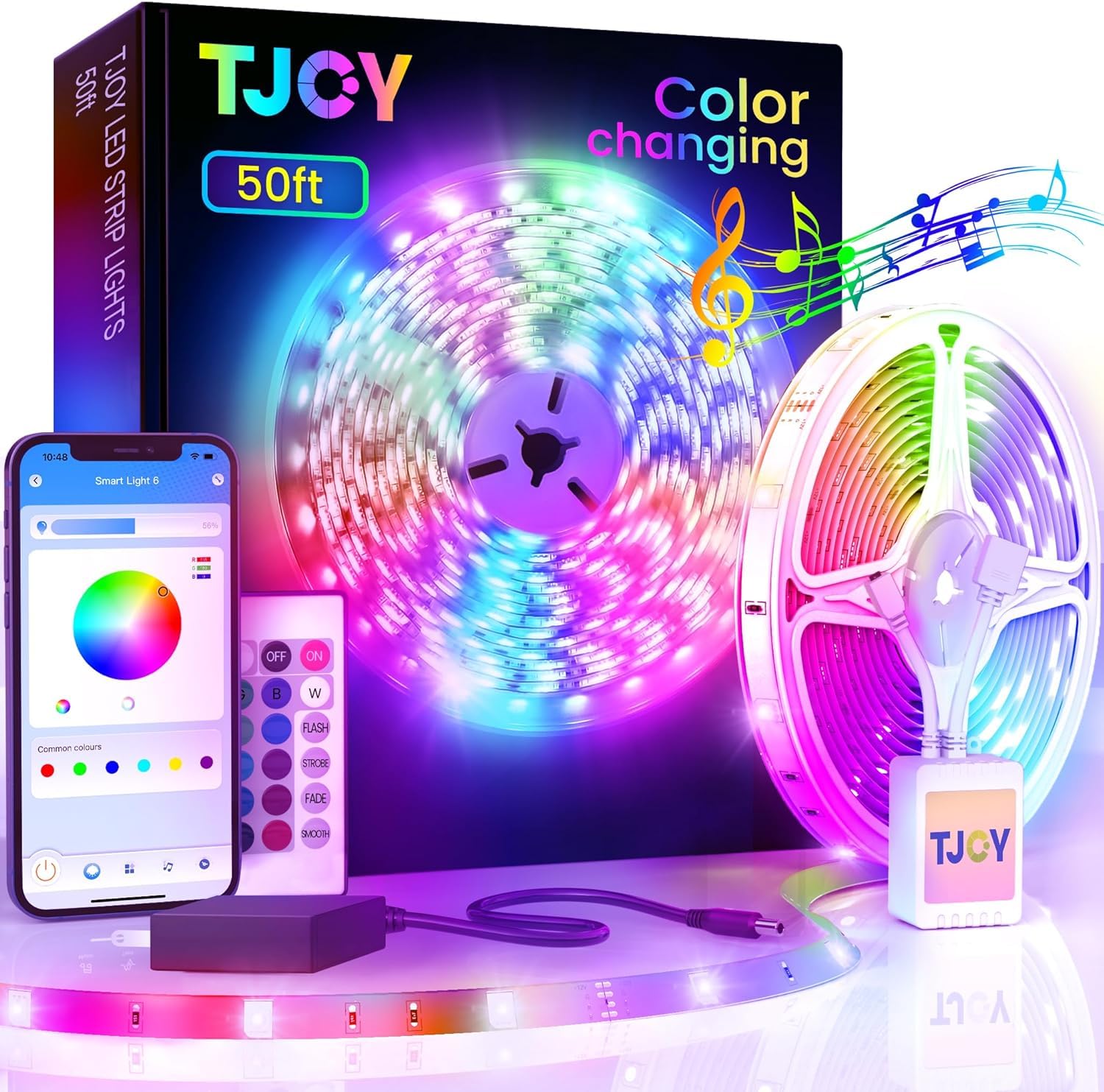 TJOY 50ft Bluetooth LED Strip Lights, RGB Color Changing, Music Sync, Remote & APP Control, Model TA2B1502415-1, Multicolor