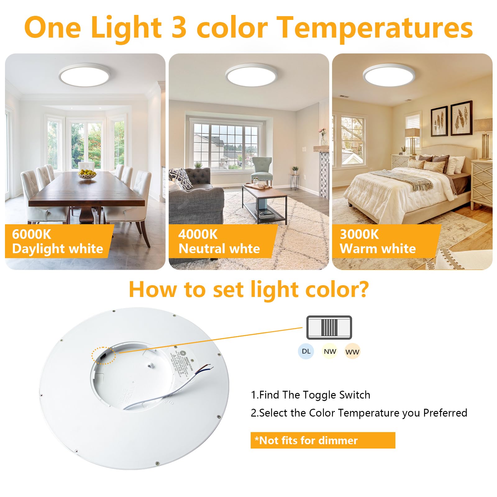 RLEDPZTX LED Flush Mount Ceiling Light 9 Inch 18W 1860LM 3CCT Selectable White, Round Modern Flat Panel, 6 Pack