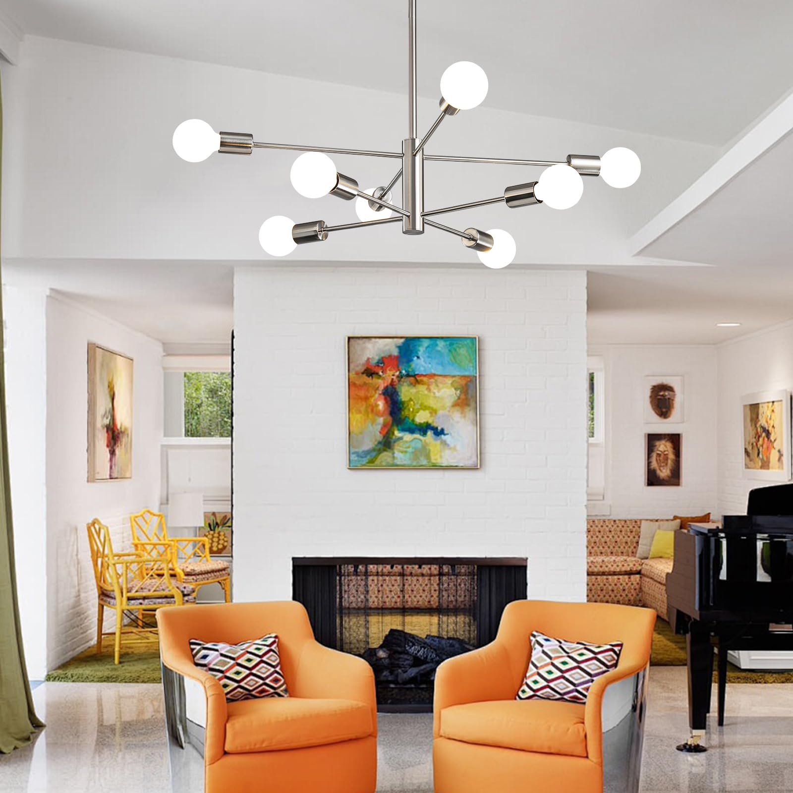 Kaisite Modern Chandelier Ceiling Light Fixture Brushed Nickel Sputnik Chandeliers For Bedroom Living Room 8-Light Height Adjust