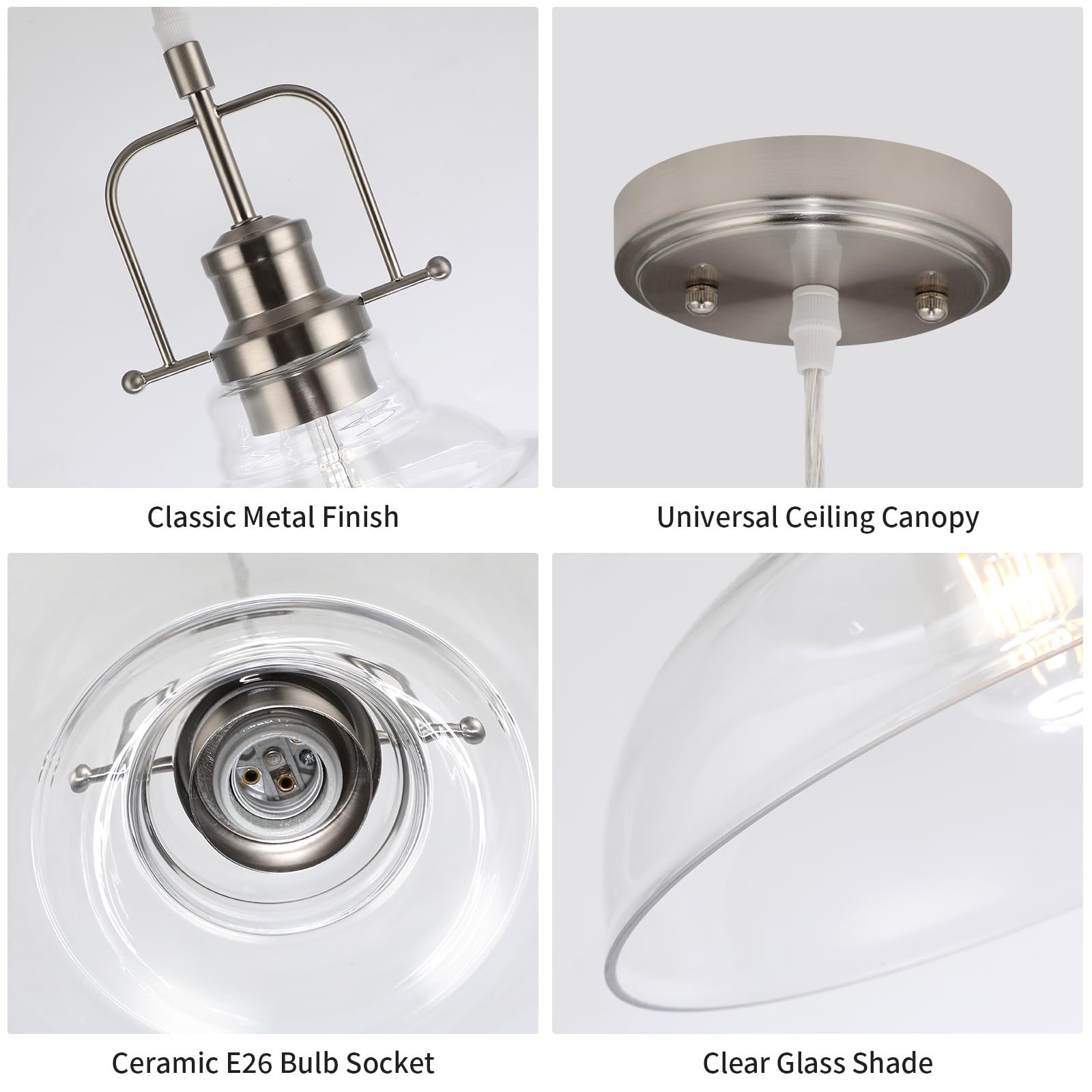 Wilon Brushed Nickel Glass Pendant Lights Kitchen Island Lighting, Modern Hanging Lamp For Sink Dining Room Over Table Hallway E