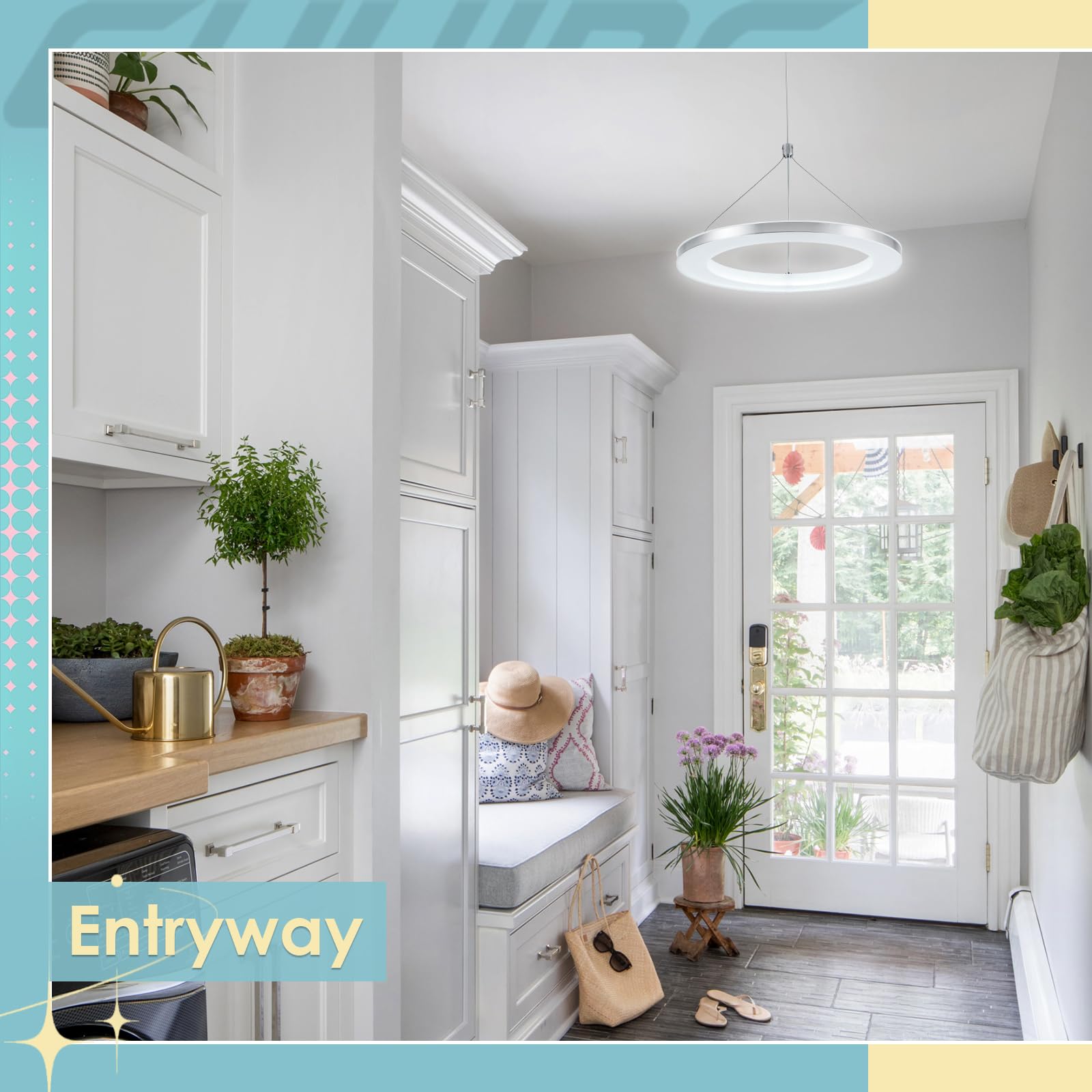 Chying Modern Led Pendant Light Kitchen Island Silver Ring Pendant Lighting 6500K Cool White Adjustable Height Ceiling Hanging Light Fixture For Bedroom Dining Room Living Room