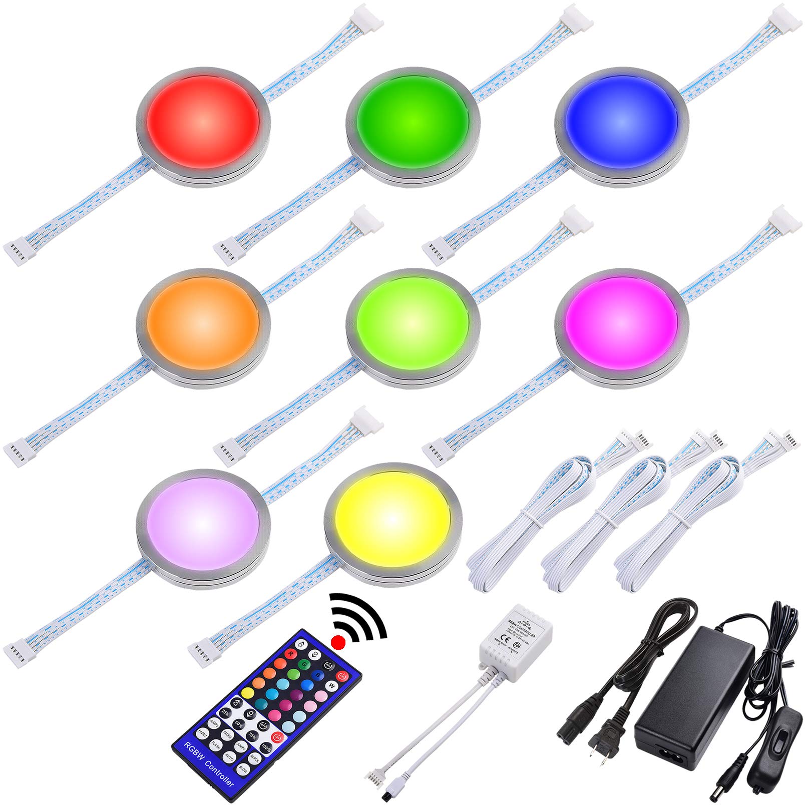 Lvyinyin RGBWW Curio Cabinet Display Light Kit  Under Above LED Pucks  Red Green Blue & True Warm White Color Changing  Remote Dimmer  Daisy Chain Linkable  120V Hardwired & Plug-in  8 Lights