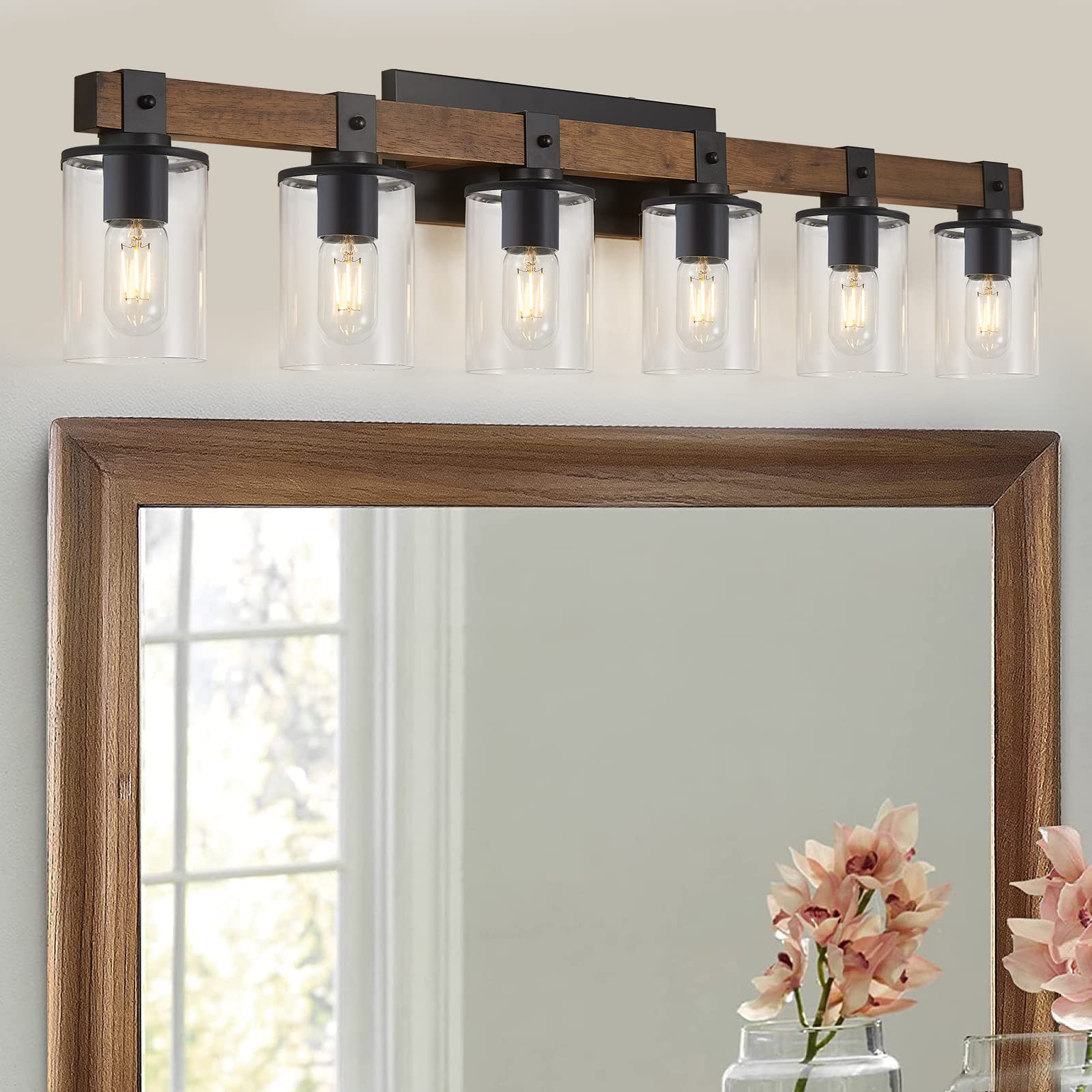 DUJAHMLAND 6-Light Vanity Light, Antique Wood Wall Sconce with Clear Glass Shade, 40.5 inch, Industrial Style for Bathroom, Kitchen, Hallway