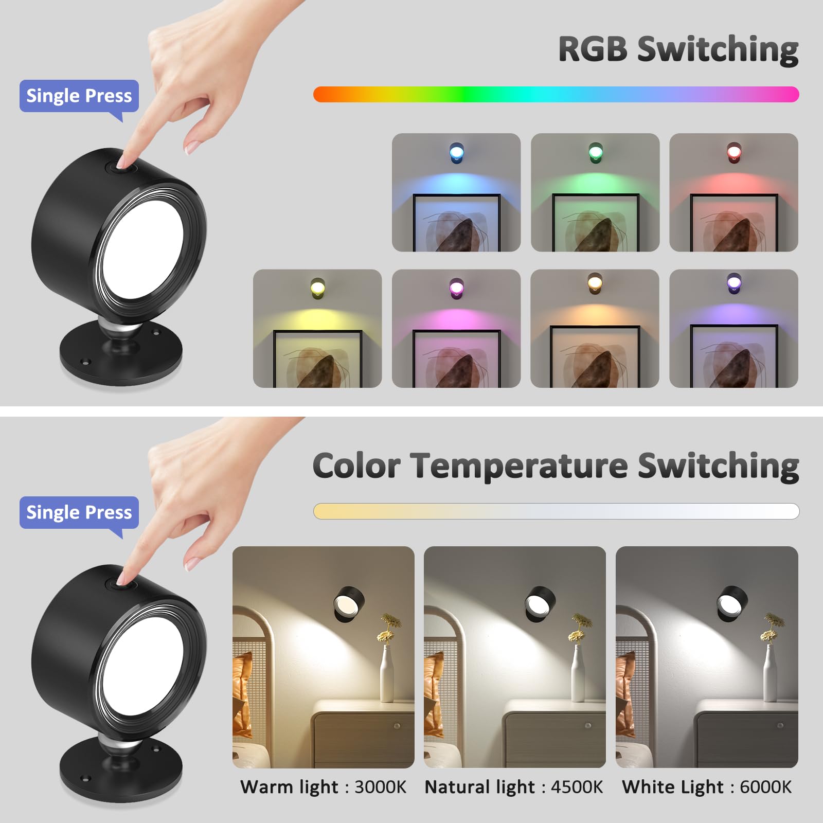 Lightbiz LED Wall Lights, RGB Dimmable Sconces, Rechargeable 3000mAh, Magnetic 360° Rotation, Black-Colorful Light, Model X130