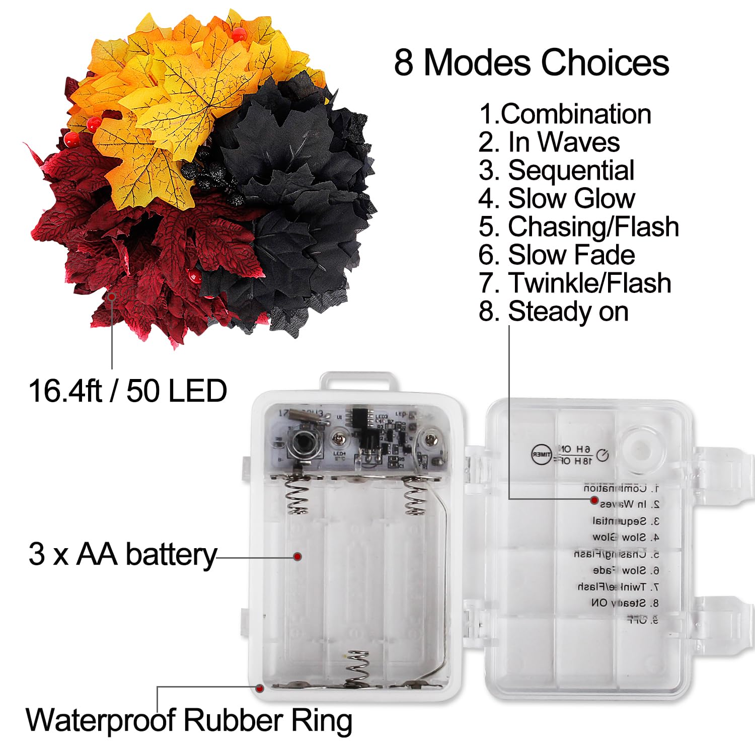 Halloween Decorations Fall Garland String Lights With Timer Remote, 50 Led 16.4Ft Fall Lighted Black Maple Leaves Garlands Outdoor, Battery Operated Fall Lights For Home Party Indoor Mantle Fireplace