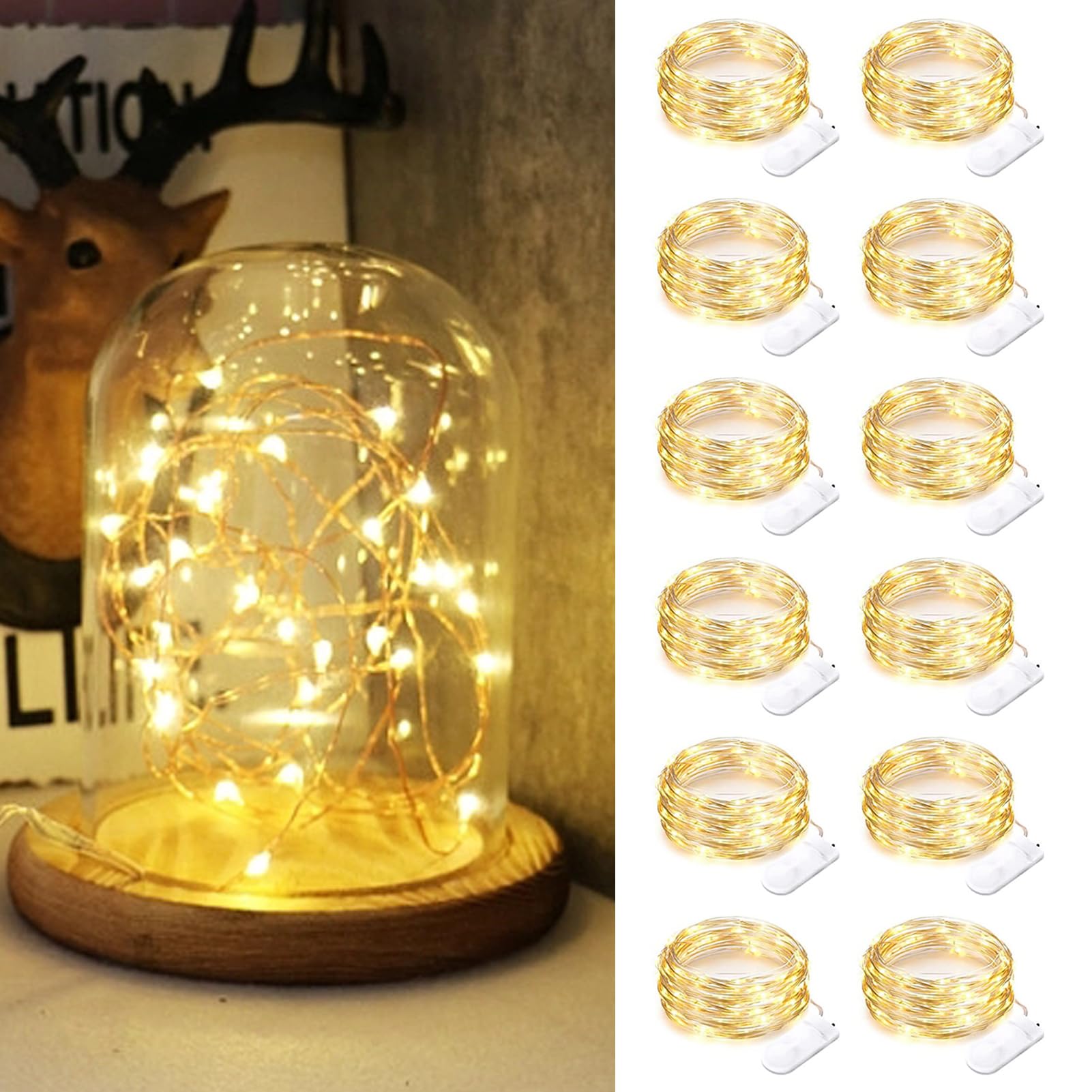 Camantu 12 Pack Led Fairy Lights Battery Operated, 7Ft 20Led Valentines Day Lights Battery Operated Waterproof Silver Wire For Diy Mason Jar Bedroom Birthday Wedding Christmas Decorations(Warm White)