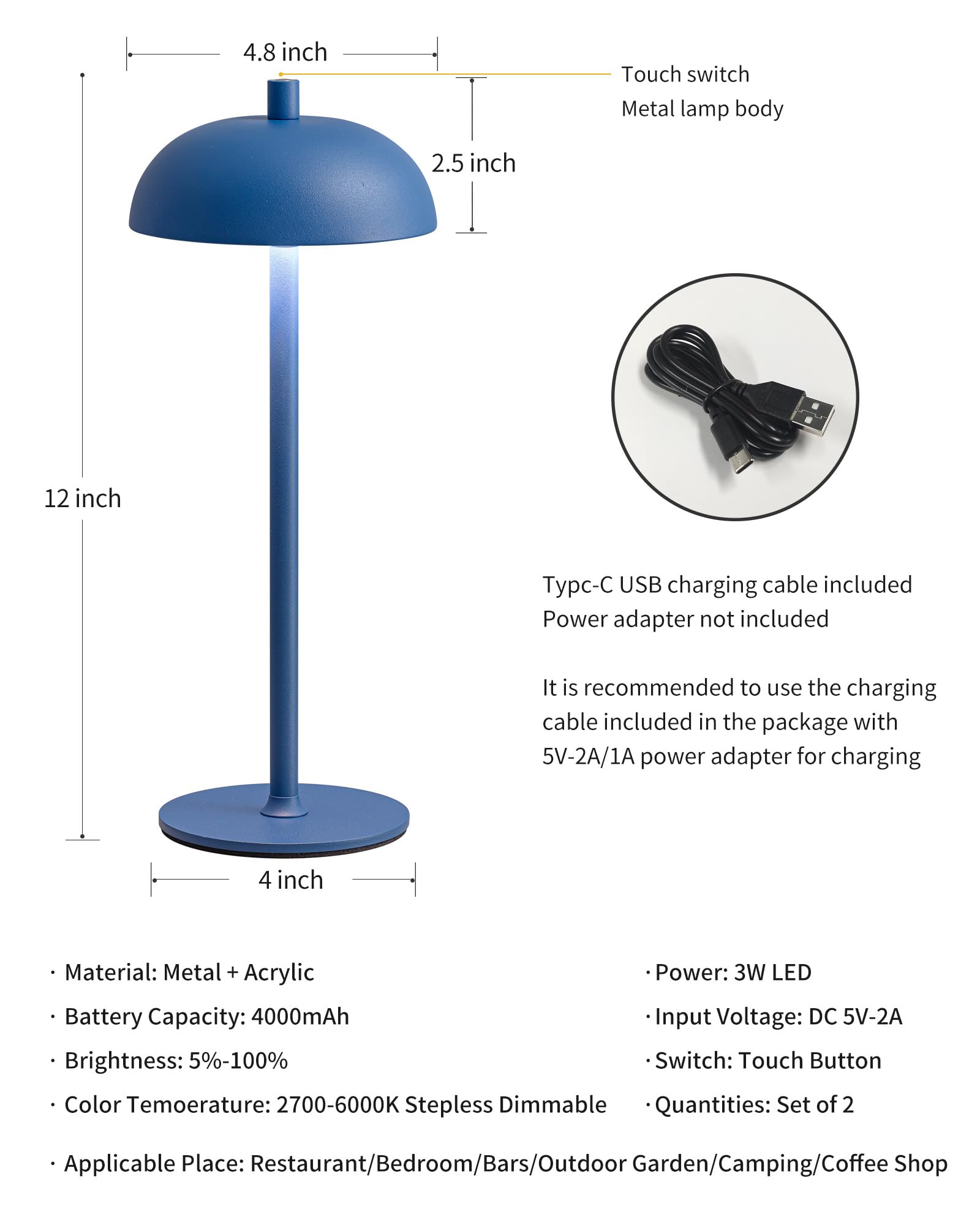 Newsee Led 12'' Small Cordless Table Lamp Set Of 2, 4000Mah Portable Touch Desk Lamp, 3 Color Dimming Rechargable Battery Powere