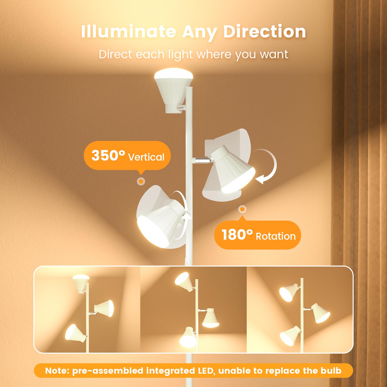 SIBRILLE 36W LED Floor Lamp, Dimmable, Remote & Touch Control, 4 Color Temperatures, Model LB-8058, White
