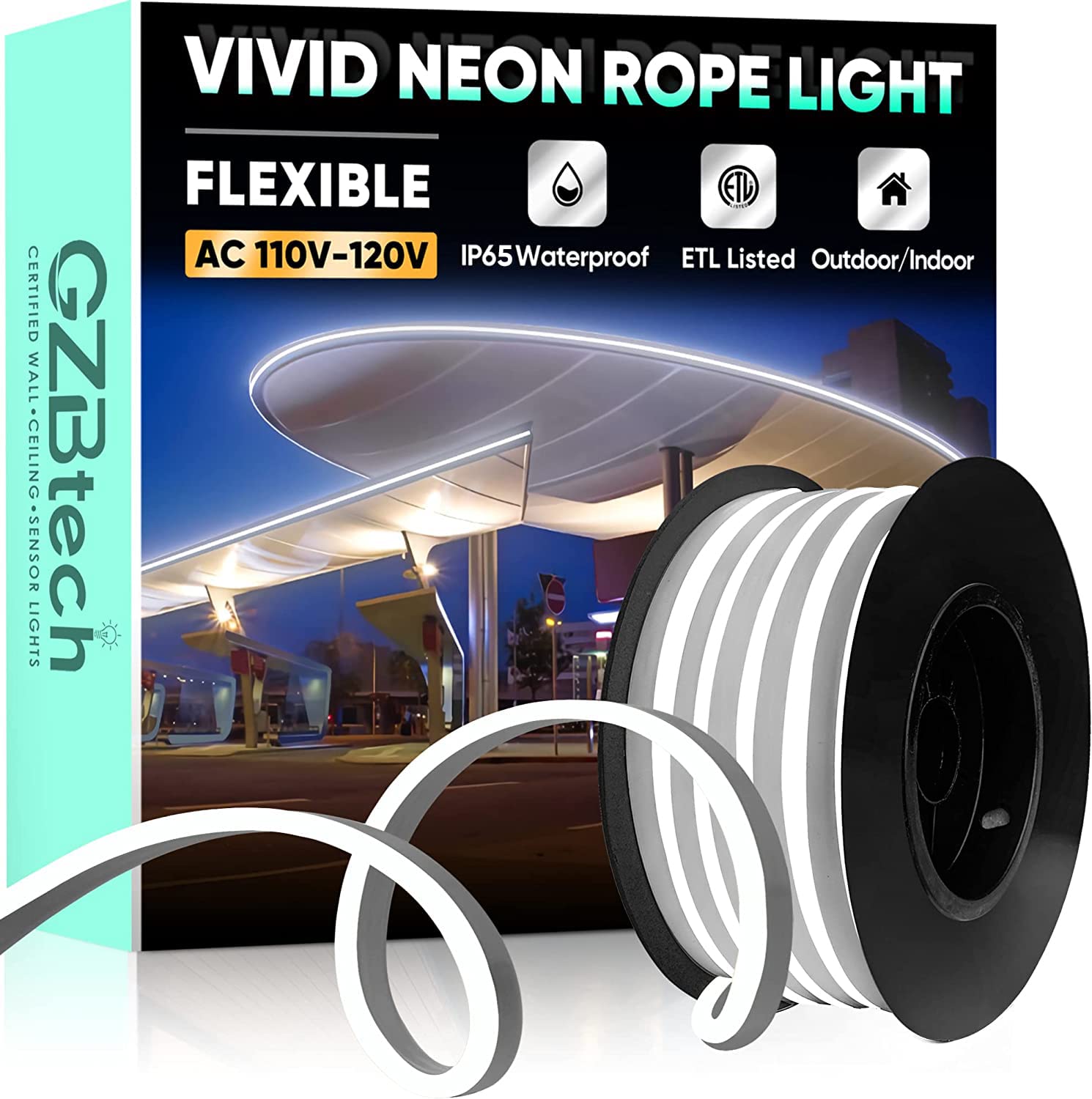 Gzbtech Flexible Led Neon Rope Lights 16.4Ft Ac 110-120V Waterproof Strip Light  120 Leds/M Cuttable Connectable Neon Lighting For Indoor Outdoor Home Decor/Commercial Building Use-Cold White 5M