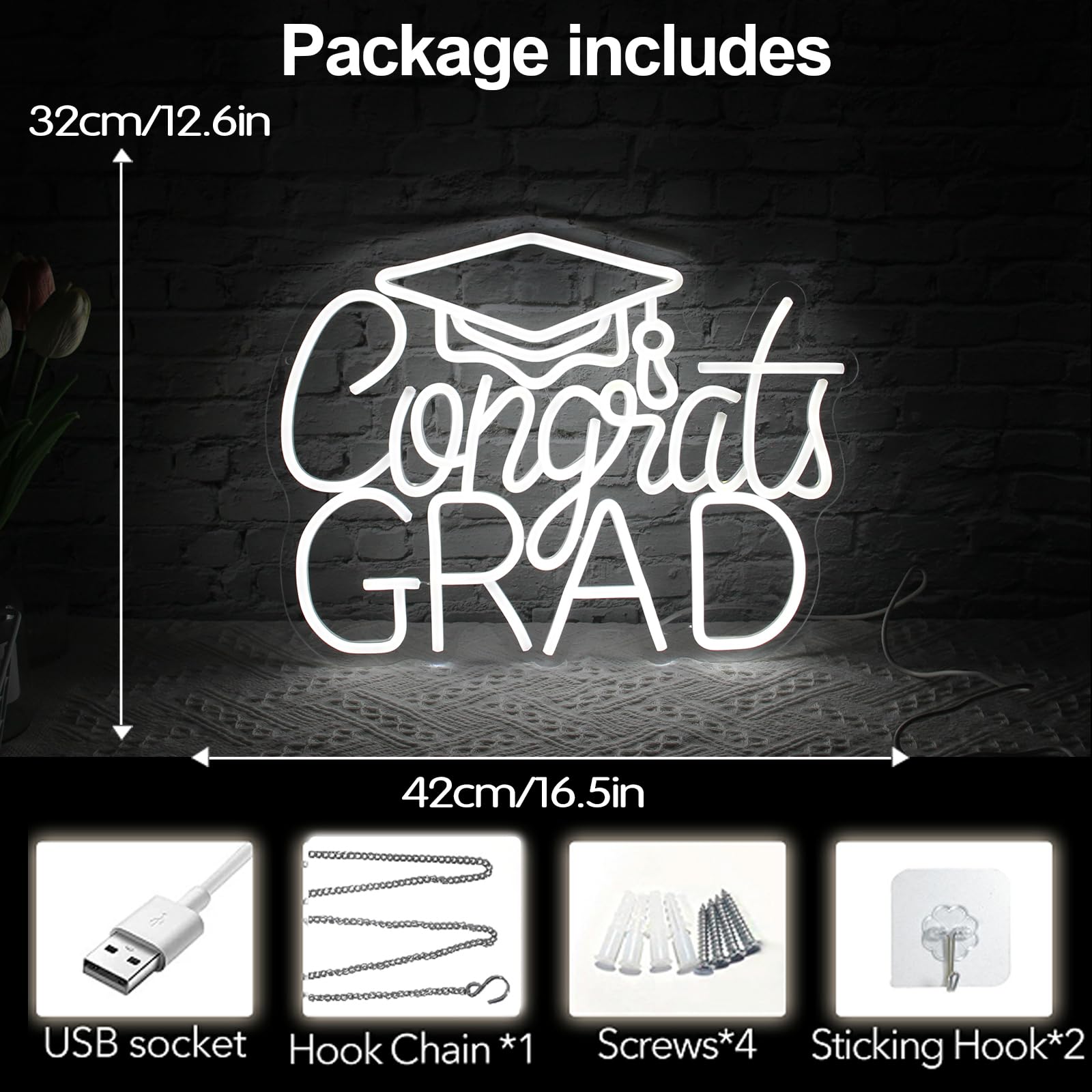 Jesalah Neon Sign - Graduation Party LED Light - USB Wall Decor - White Acrylic & PVC - Dorm Room Birthday Backdrop