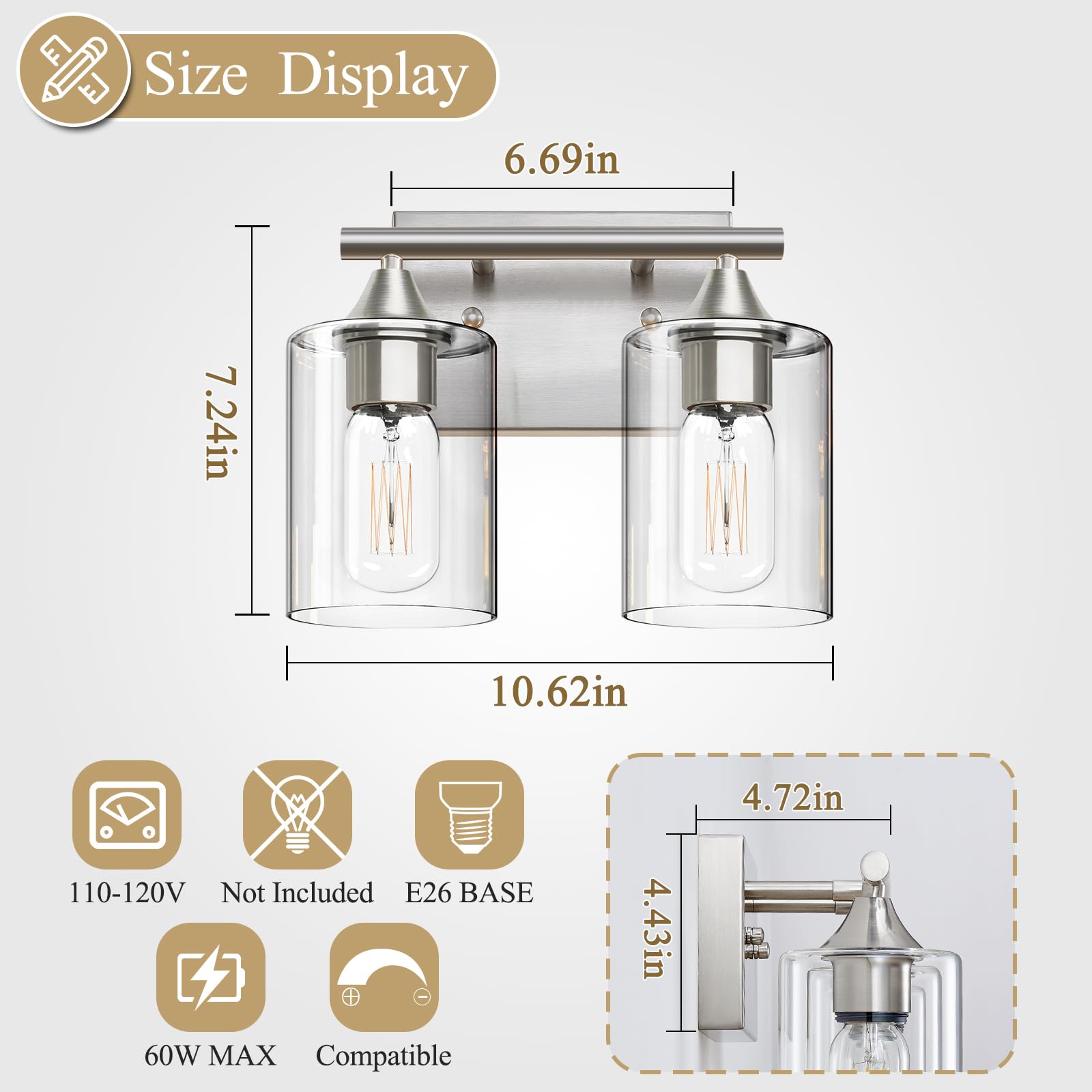 XPEHK Bathroom Vanity Light Fixture, 2-Light Modern Brushed Nickel Over Mirror, Glass and Metal Construction