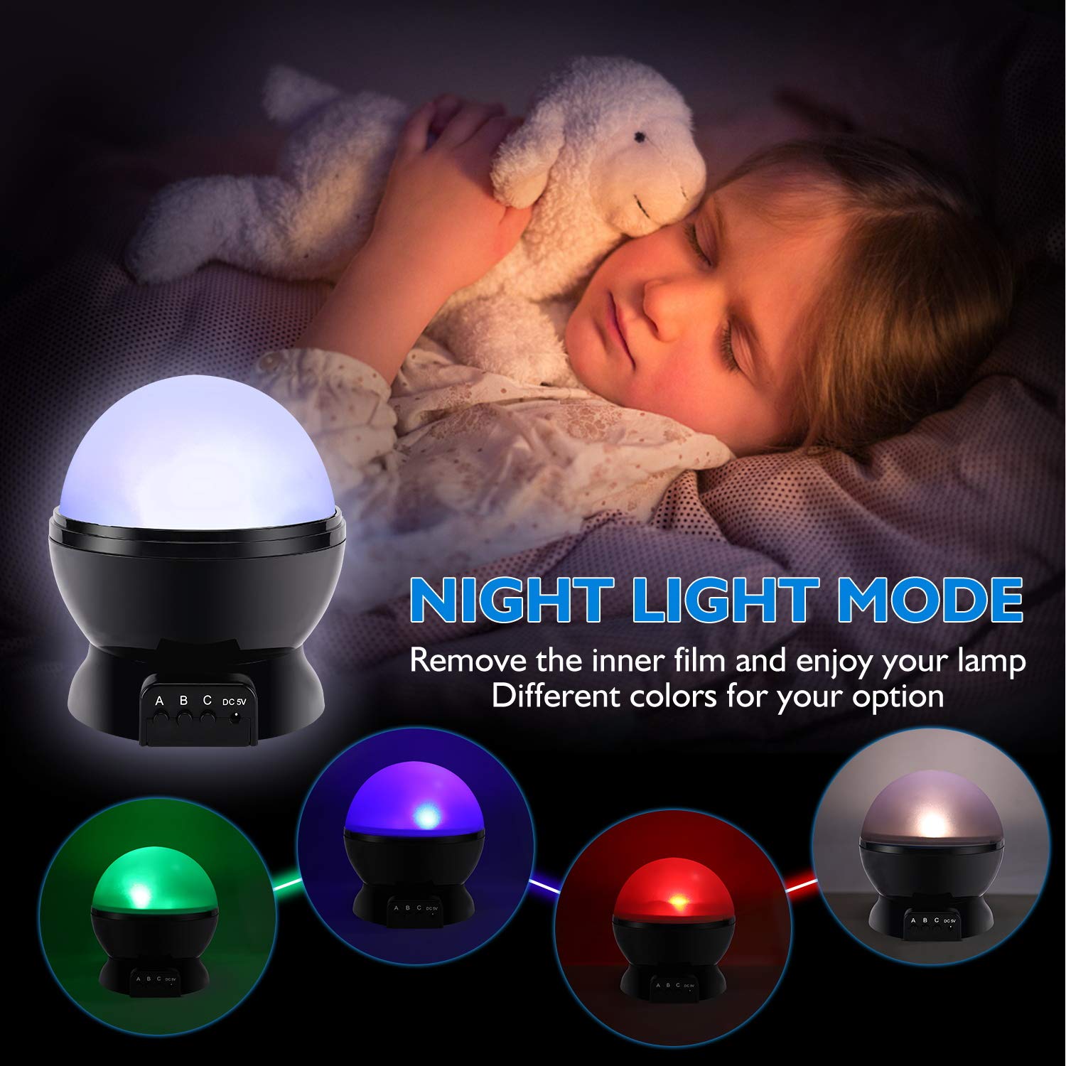 RICTLY Star Night Light Projector, 360° Rotation, 12 Color LED, USB Cable, Black, Model 012-1361