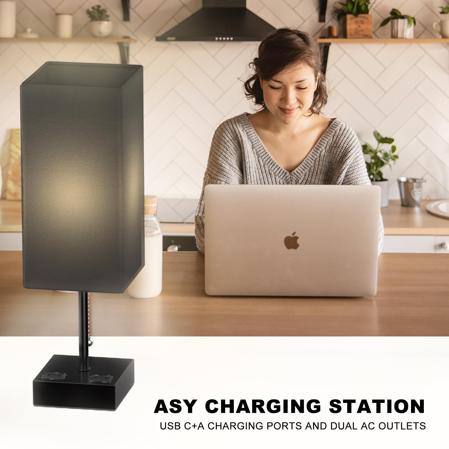 YIDPU Table Lamp with USB Charging Ports, Adjustable 3-Color LED Light, Fabric Shade, Linen Black, 1PCS