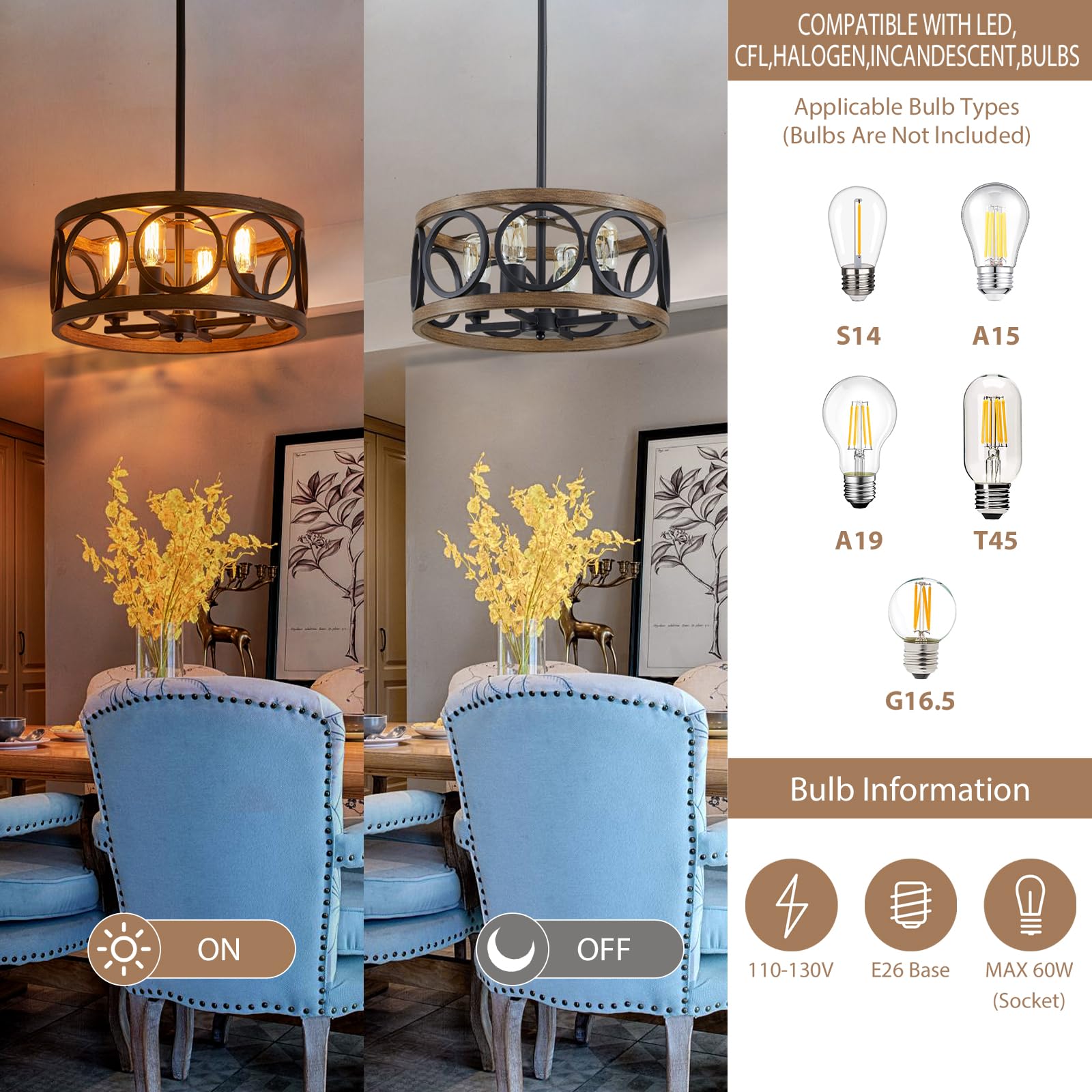 peskoe Black Drum Ceiling Light, 4-Light Rustic Chandelier, 15.9'' Metal Pendant for Dining Room, Bedroom, Kitchen, and Hallway