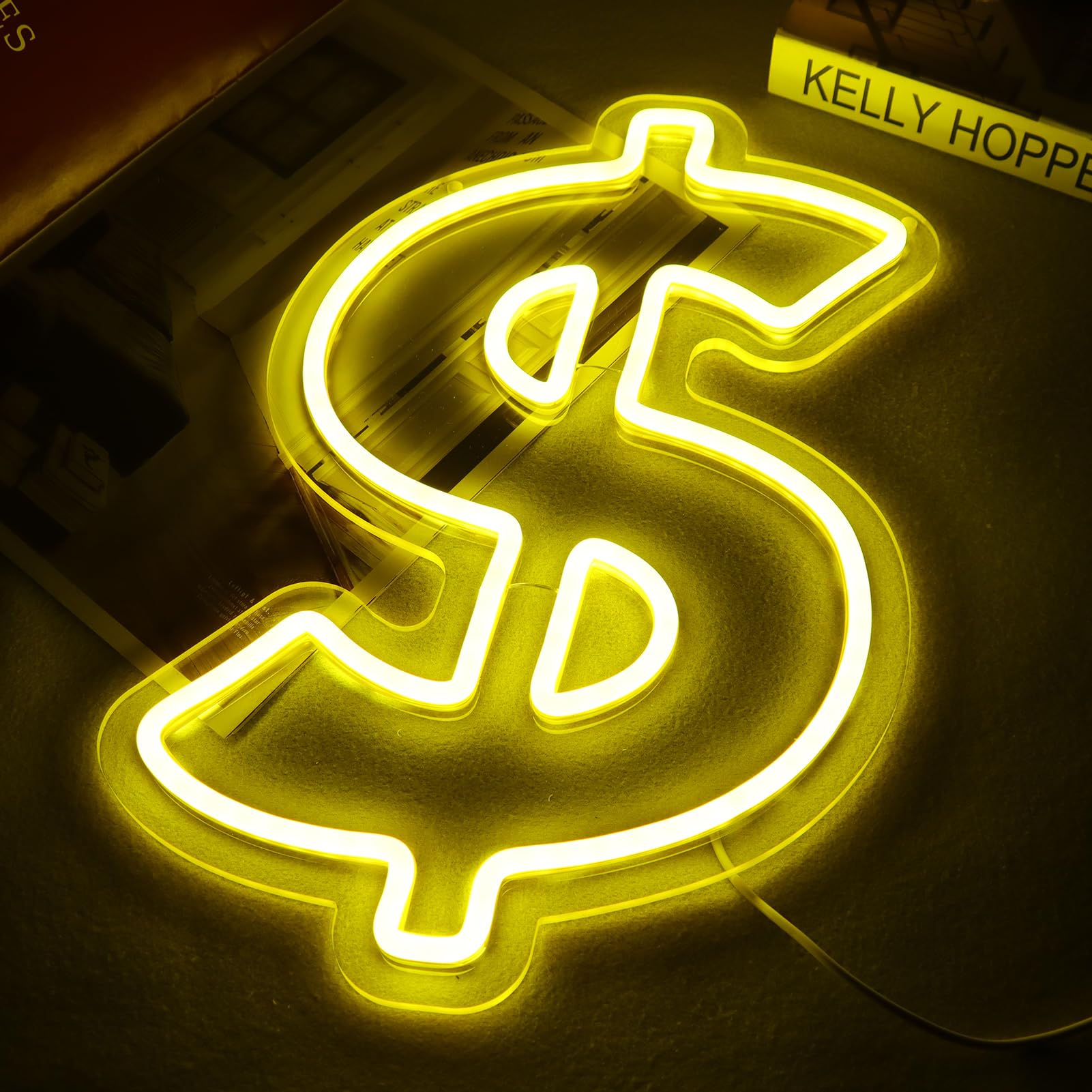 Jfllamp Dollar $ Neon Signs For Wall Decor Money Neon Lights For Bedroom Led Business Signs Suitable For Man Cave Bar Pub Restaurant Christmas Gift Art 5V Power Adapter 10.2 * 14.6 Inch(Yellow)