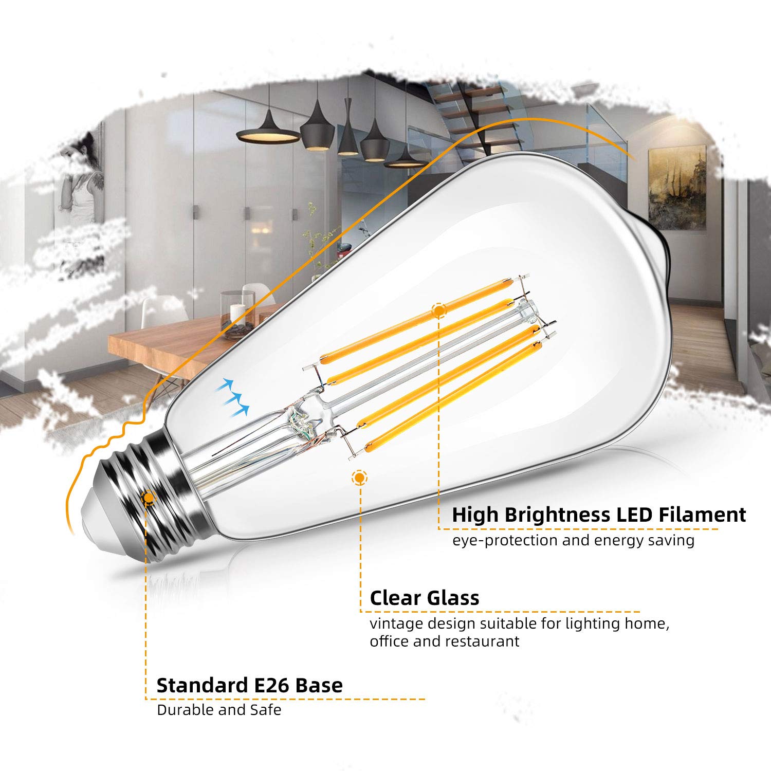 Brightever 4-Pack LED Edison Light Bulbs, 8W 100W Equivalent, 1400 Lumens, 2700K Warm White, E26 Base, Antique Glass Style