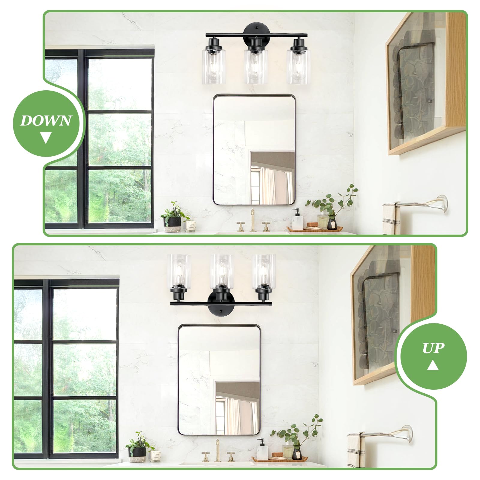 Guliaofo 3-Light Bathroom Vanity Light Fixture, Matte Black, Metal, Clear Glass Shade, Model Gu-111-QGH-3