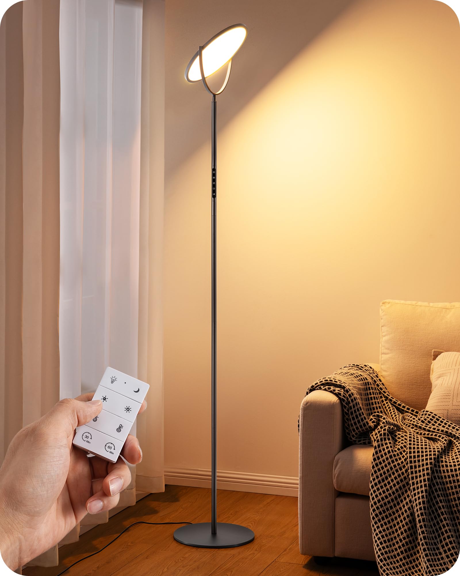 EDISHINE 76in Tall Floor Lamp, 28W 2500LM LED, Dimmable 2700K-6500K, Black, Model HFLAA1B