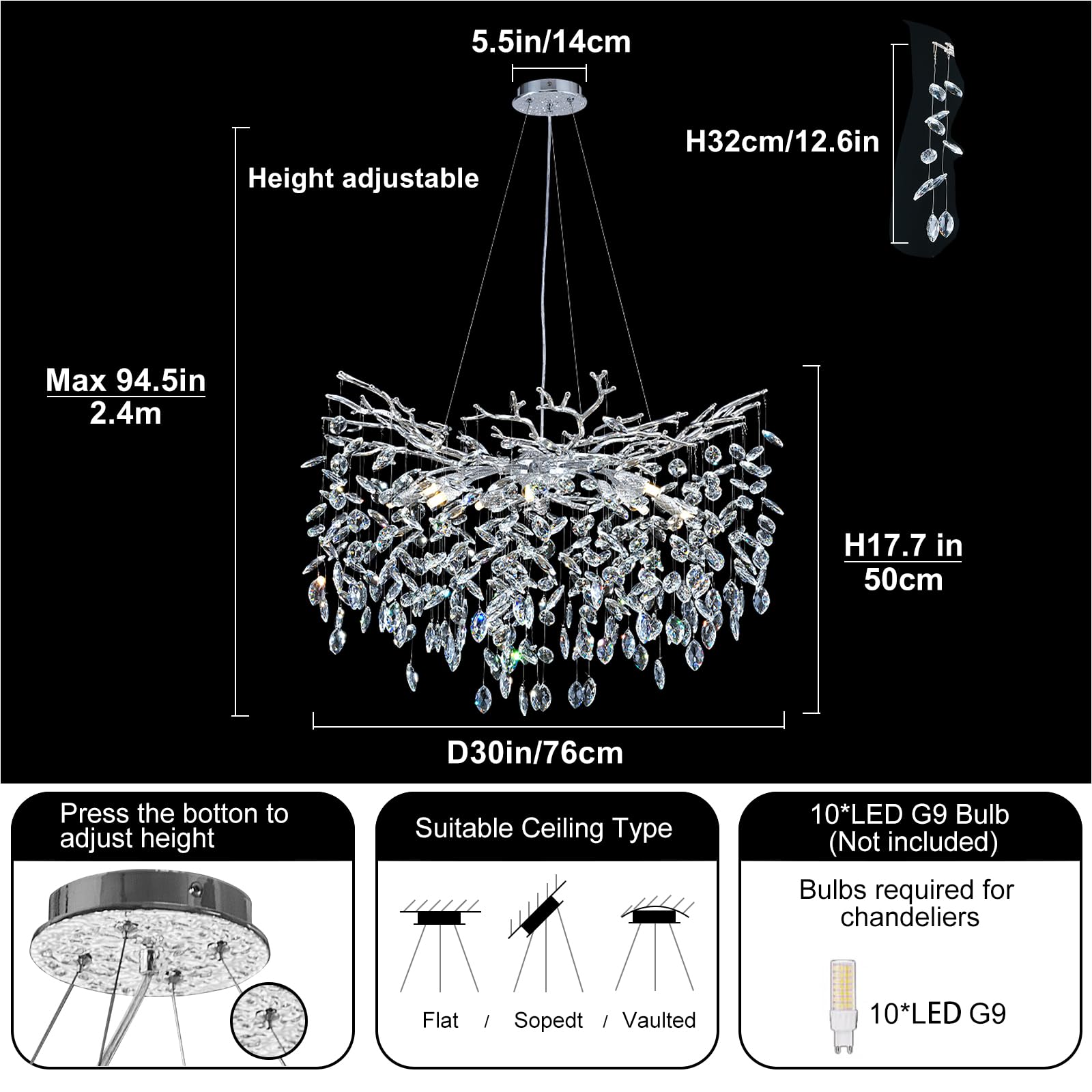 kvtinmty Modern Round Crystal Chandelier 30" Silver Tree Branches for Dining Room, Living Room, Foyer, Kitchen Island