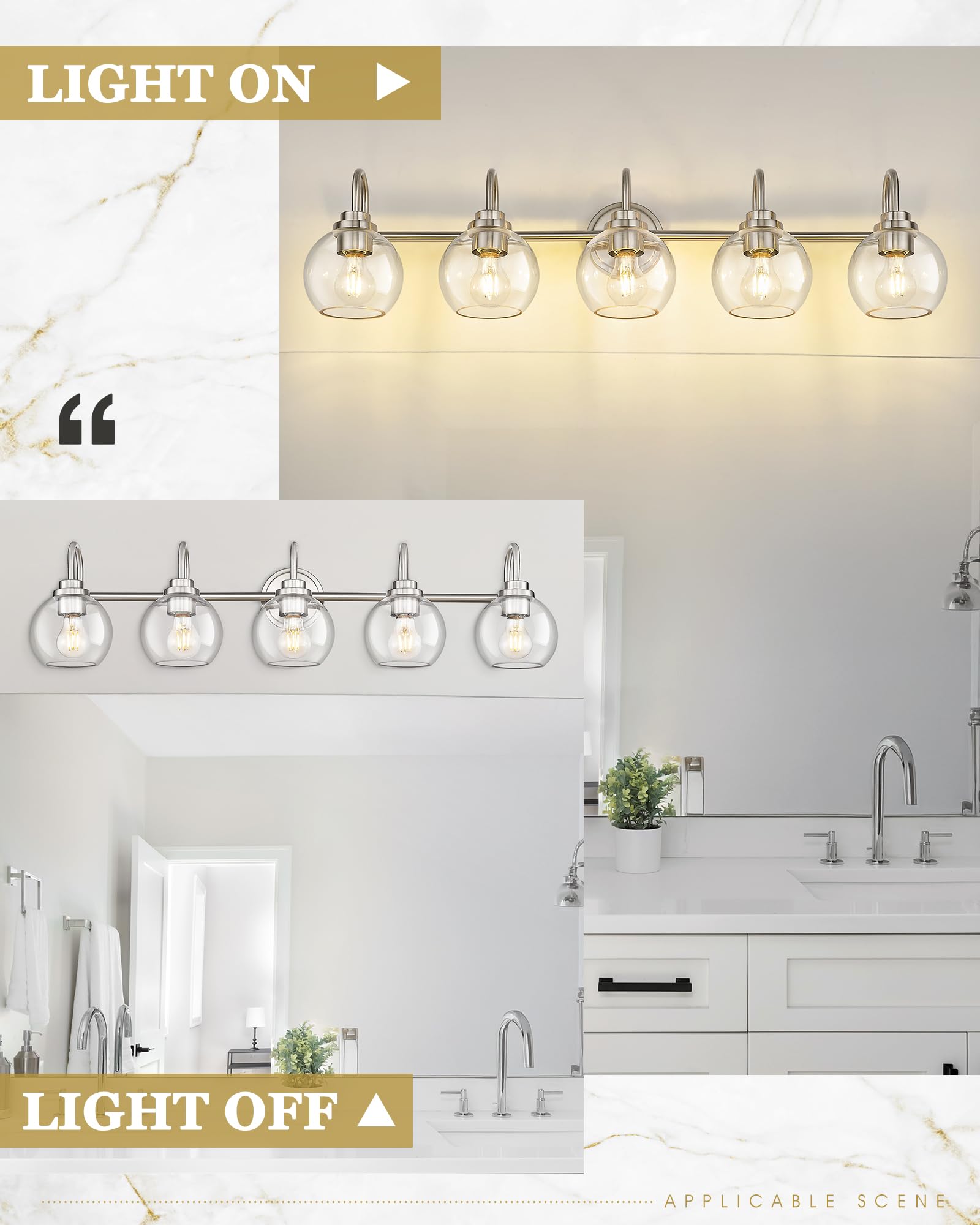 Audickic 5-Light Bathroom Vanity Light Fixtures, Brushed Nickel, Globe Clear Glass, 35 Inch, Model AD-22280-5W-SN
