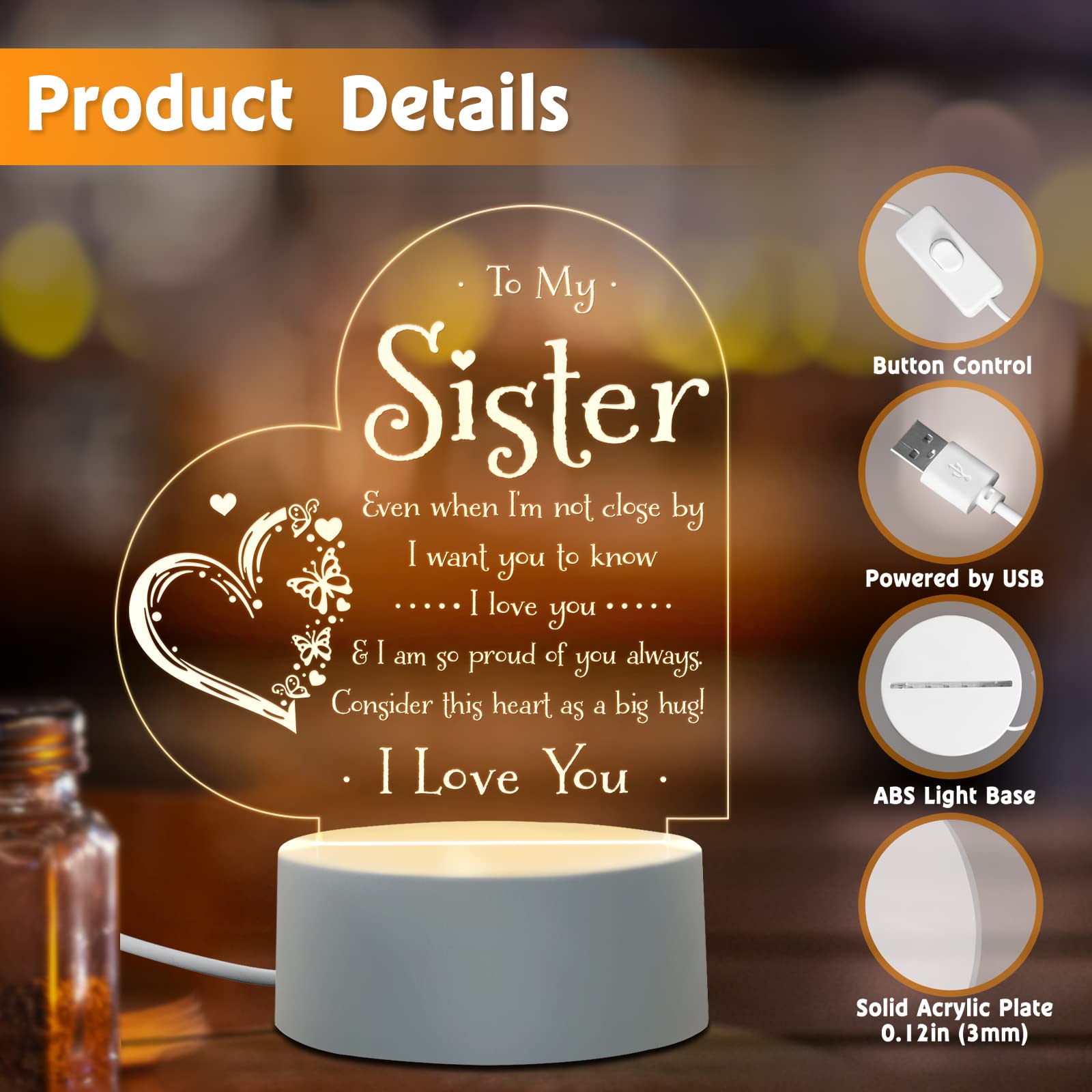 Afterprints Sister Night Light - Warm White Acrylic Lamp for Gifts on Birthday, Graduation, Wedding