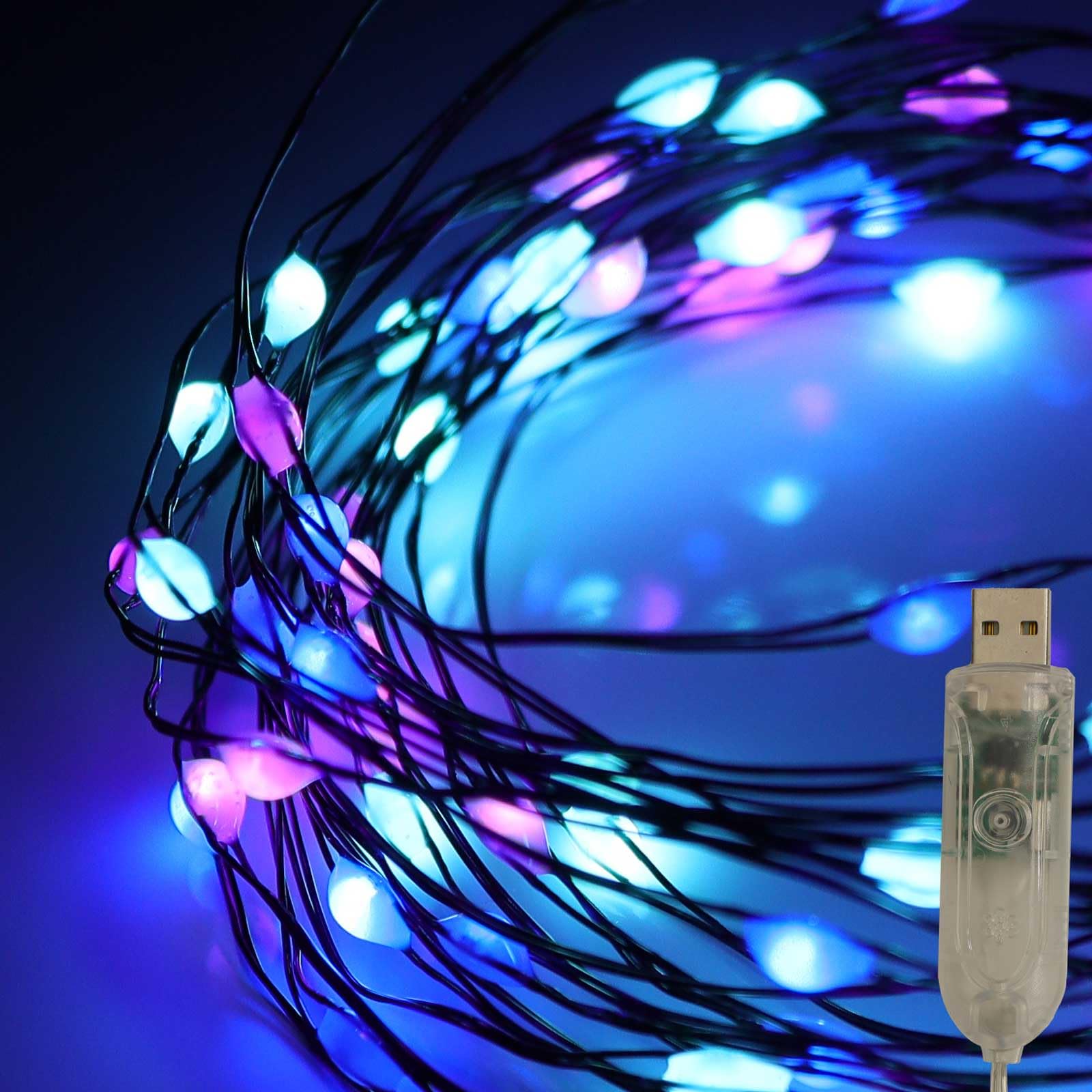 Qbis Turquoise, Purple and Blue Christmas Lights. 100 Micro LED Fairy Lights on Black Wire with USB Plug, Timer, Multi Function and Adjust Brightness, USB fairy lights if you want something different.