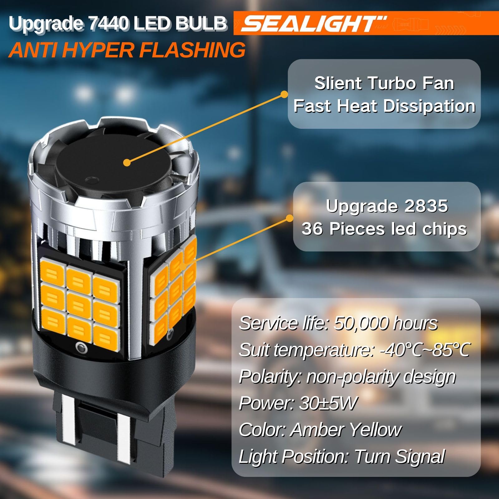 SEALIGHT 7443 LED Bulbs, Amber Yellow, Plug-N-Play, Anti Hyper Flashing, Pack of 2