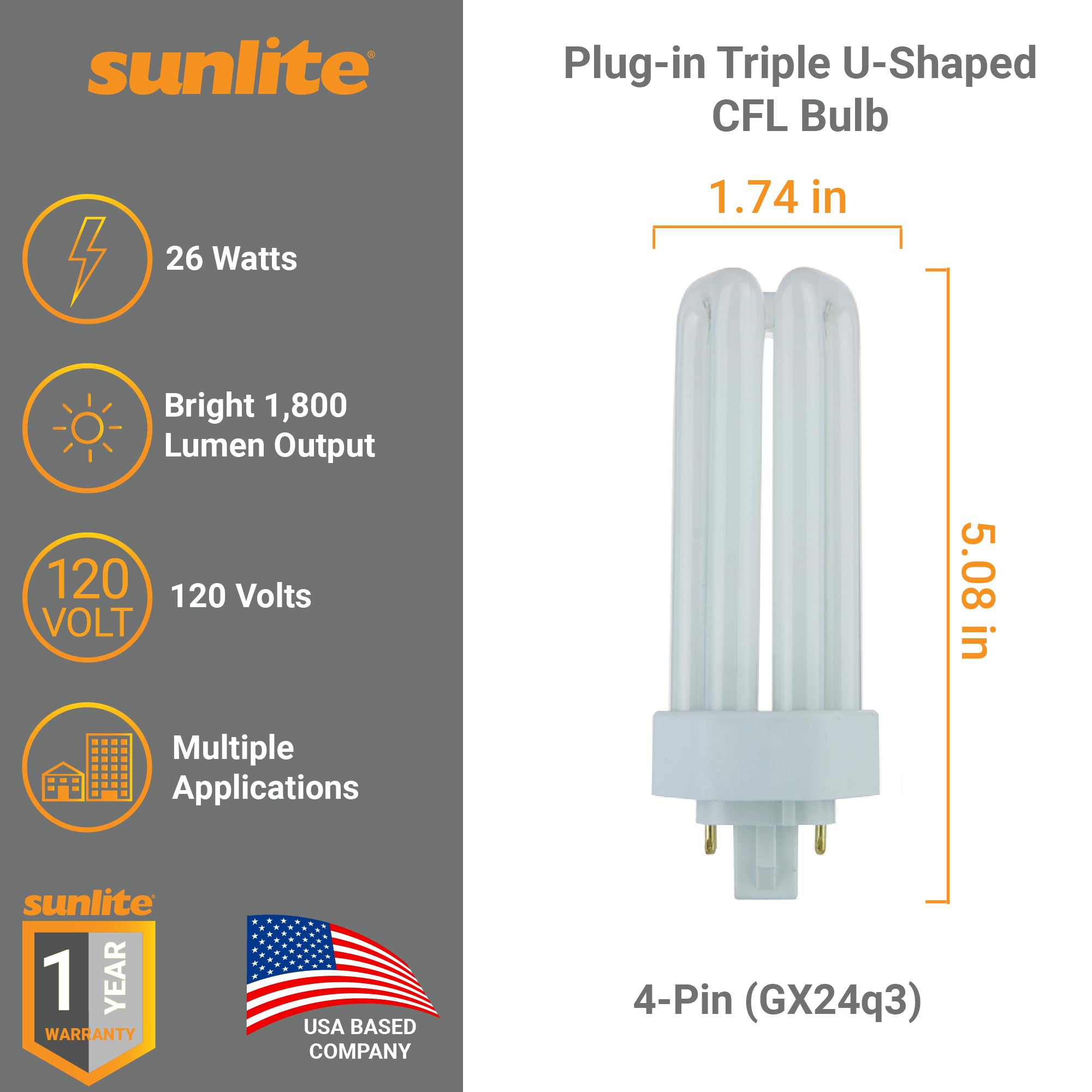 Sunlite Plt26/E/Sp Compact Fluorescent Plug-In Plt 4-Pin Triple Tube, 26 Watts, 4-Pin Gx24Q3 Base, 1800 Lumens, 2700K Soft White