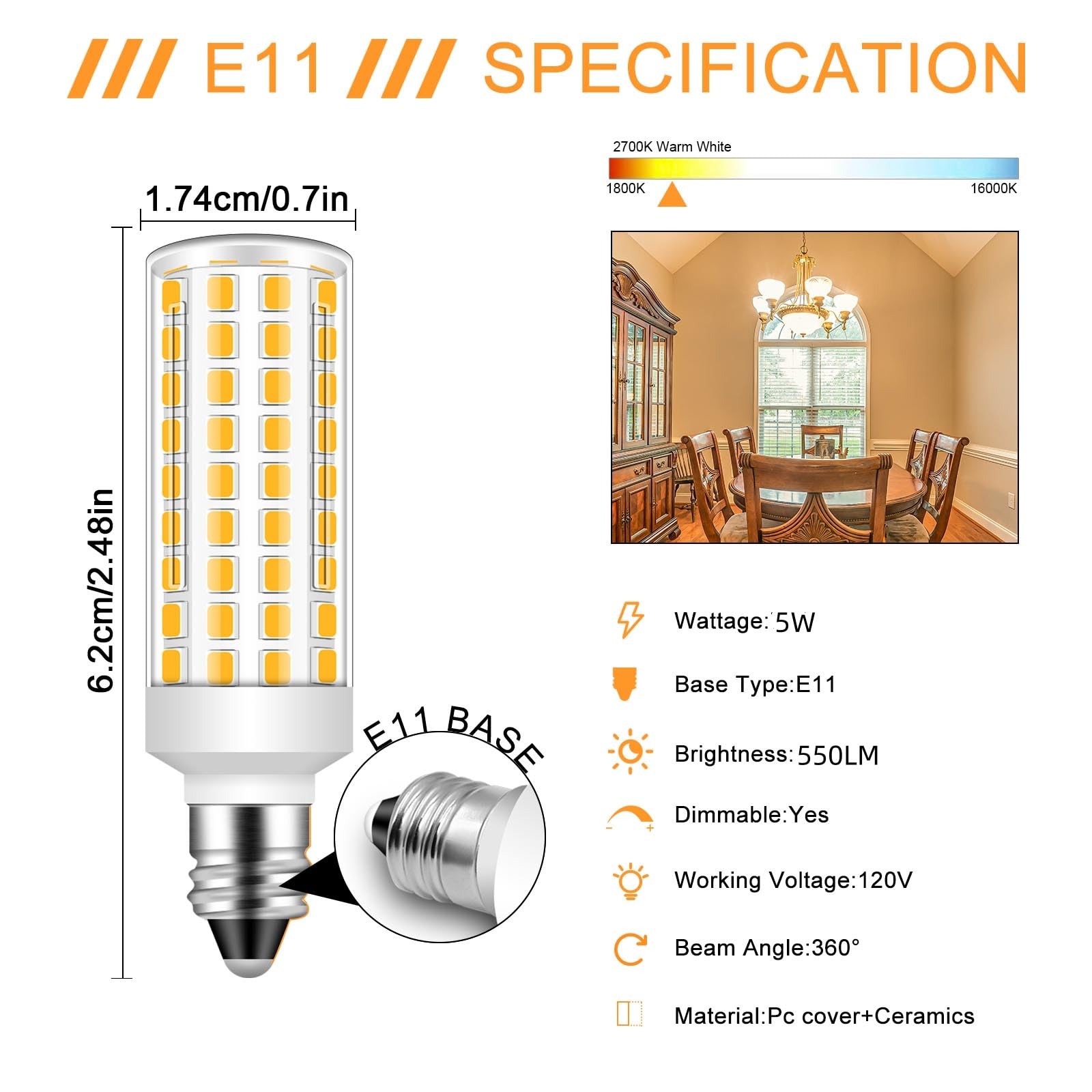 Megereet E11 LED Bulbs 5W Dimmable Warm White 3000K 550lm 2-Pack, Halogen Candelabra Bulb Equivalent, ABS Material