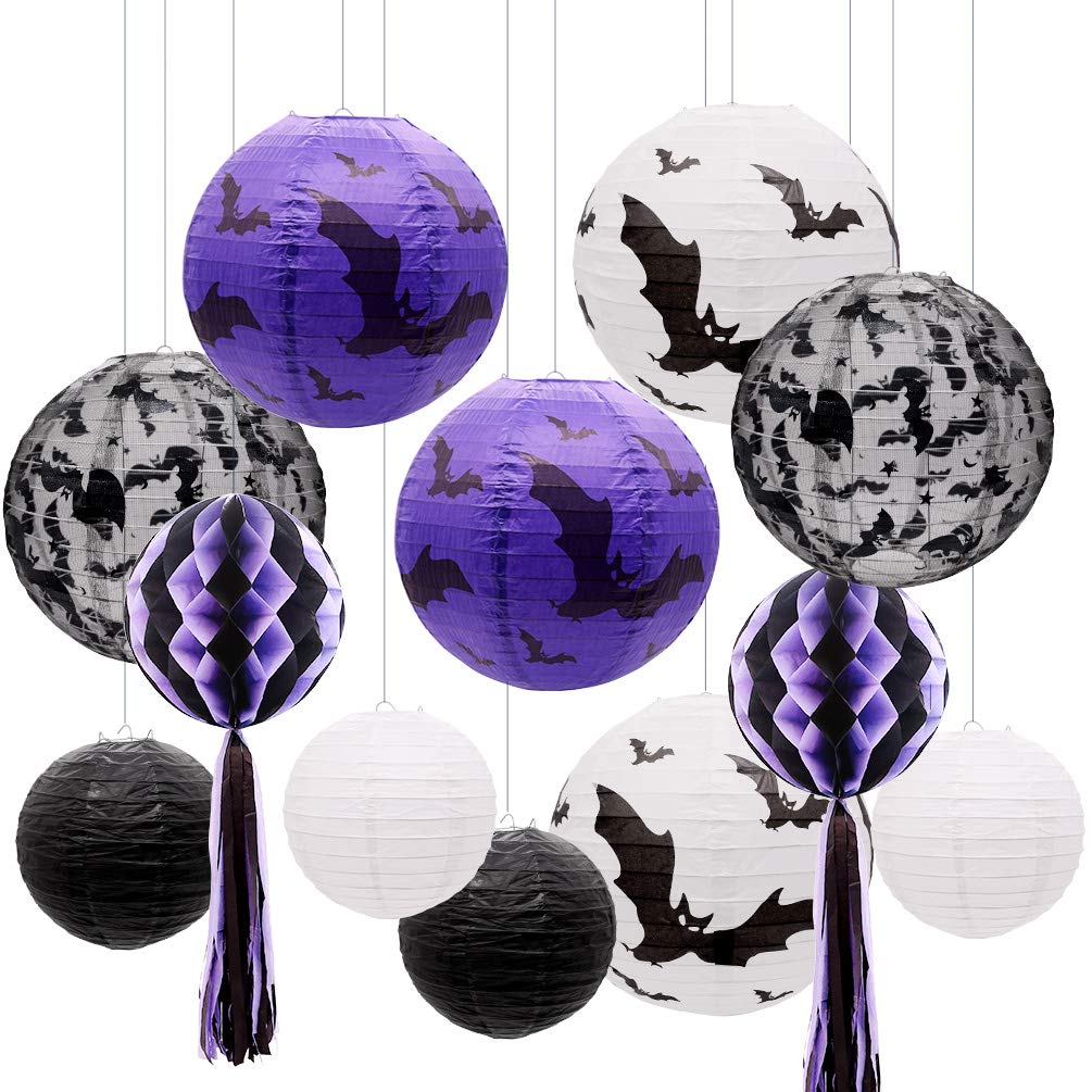 Uniqooo 12Pcs Spooky Halloween Decor Black White Purple Hanging Paper Lanterns Set With Decorative Bats & Honeycomb Pom Pom Tassels For Indoor/Outdoor Holiday Home Garden Decor Party  12 In & 8 In