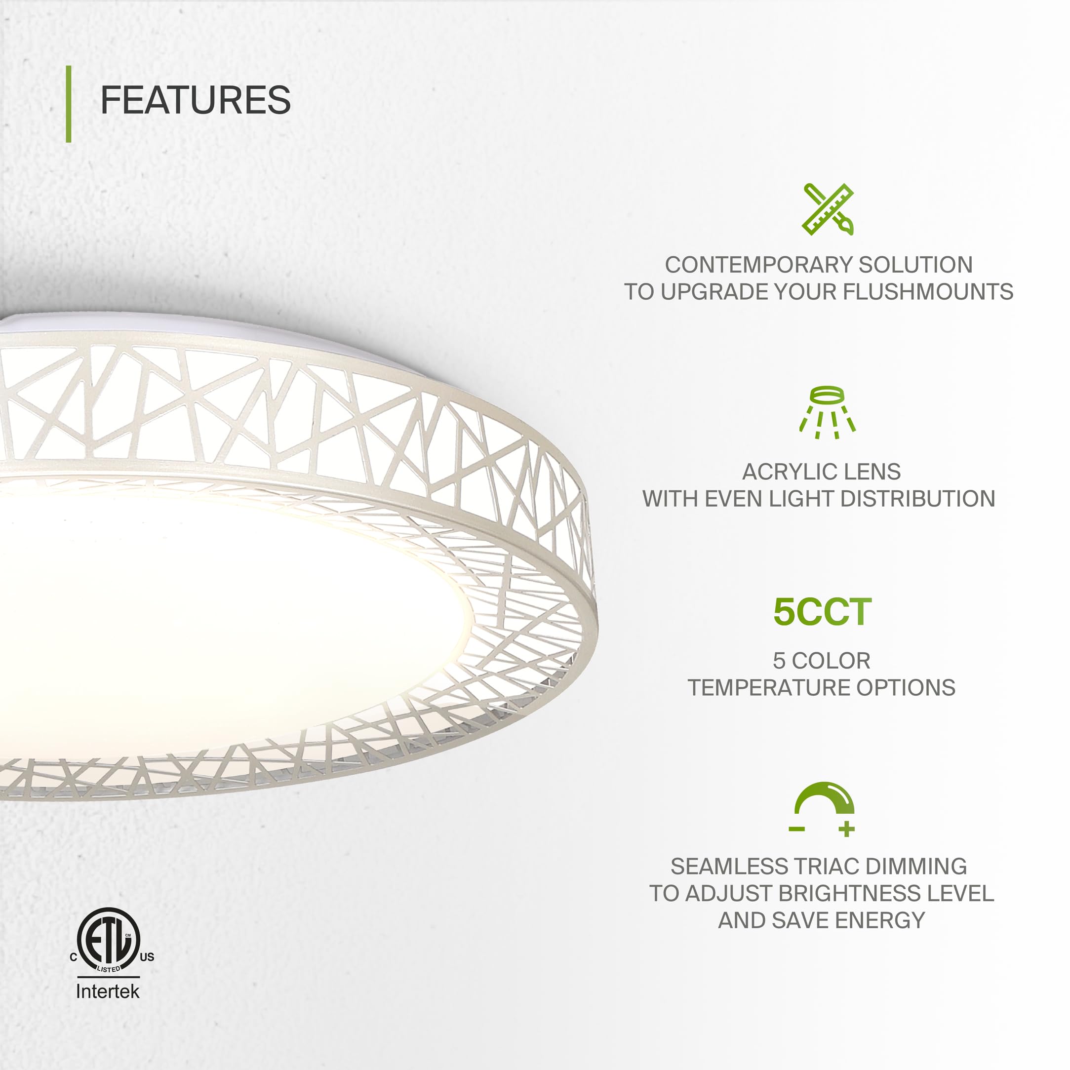 ASD 18 Inch LED Flush Mount Ceiling Light - Brushed Nickel, 35W, 1992LM, Dimmable, Iron Housing, Model A-LOFT-FM-18D