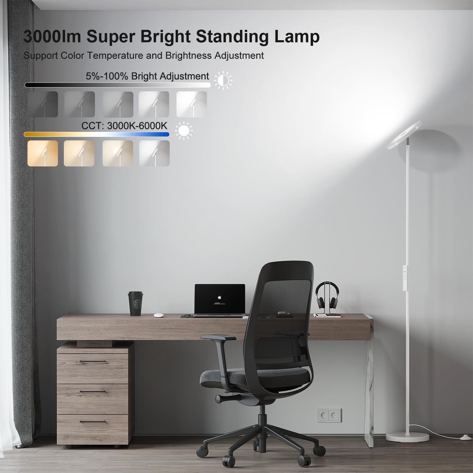 SUNMORY LED Floor Lamp, 32W/3000LM, 69" Tall Modern Torchiere, Stepless Dimmable, White, Metal - Model FLD-032-XR