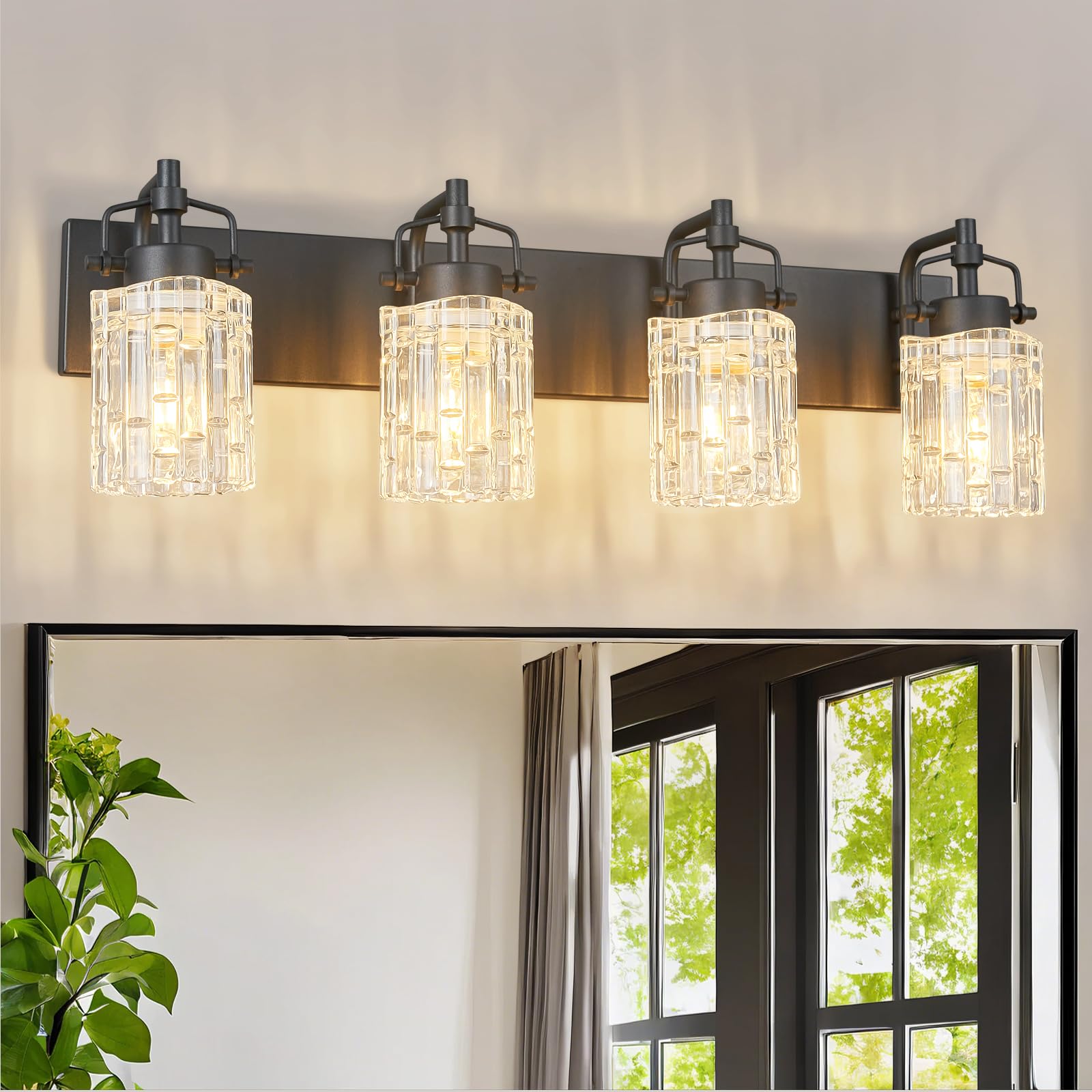 BNHHLZ Modern 4-Light Vanity Light - Black Metal Fixture with Crystal Glass Shade, Model 4132