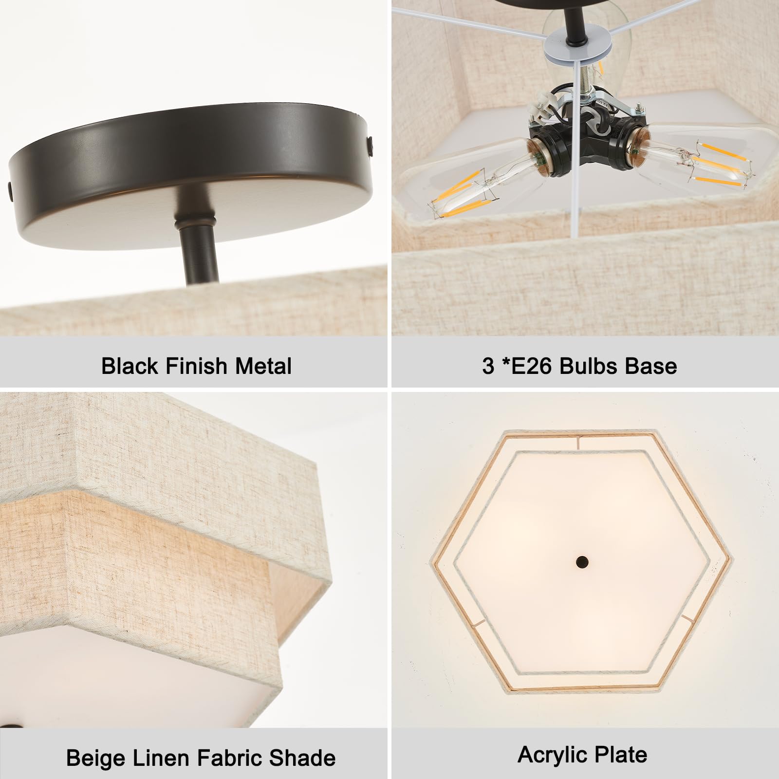 Widluth Modern Black Drum Ceiling Light 18" Linen Shade Fixture for Living Room, Bedroom, Kitchen, Dining Room, Hallway - Model XT208-Black