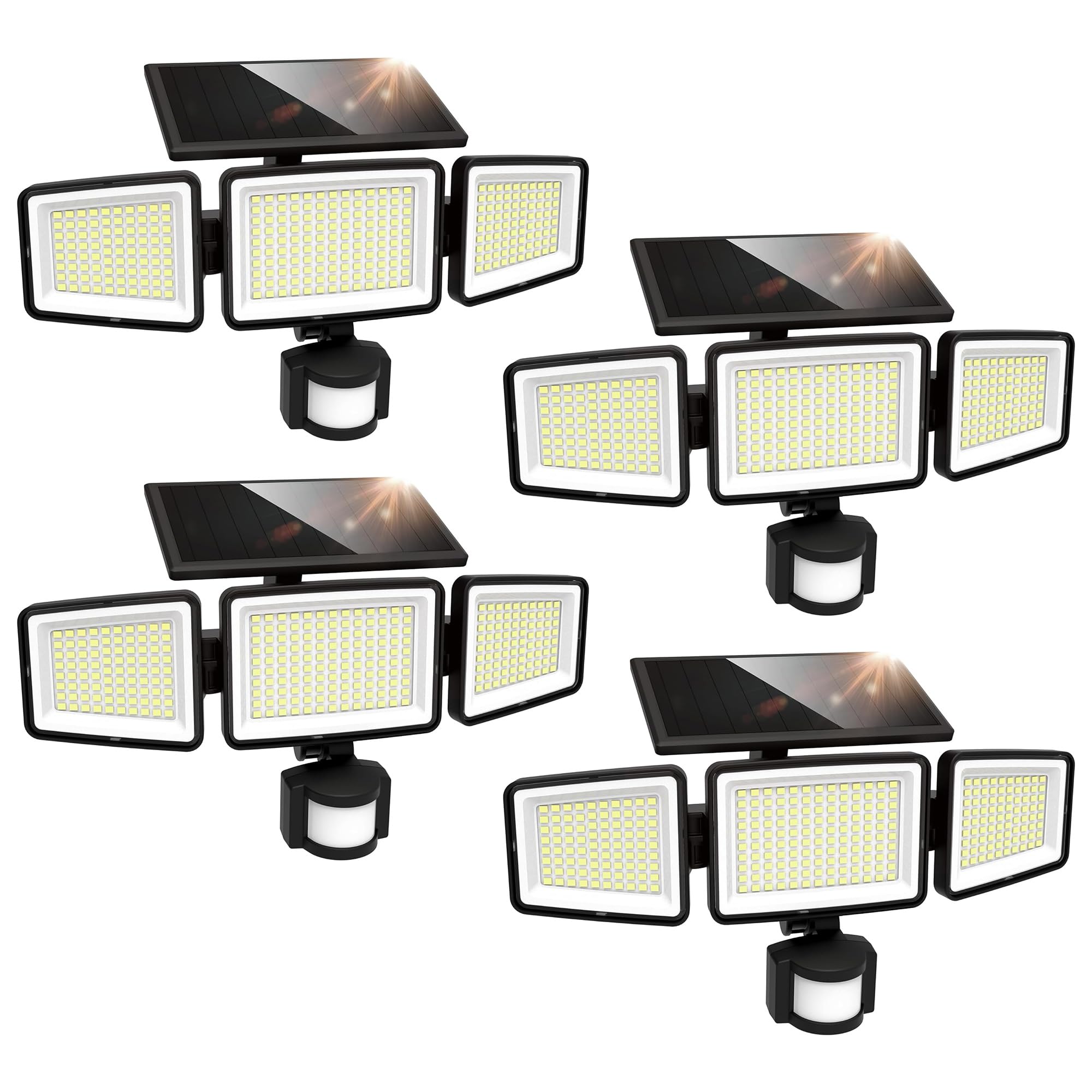 UME Solar Outdoor Lights 302 LED, IP65 Waterproof, Motion Sensor, 3 Heads, 270° Angle, 4 Pack, Black, Model Pa-ML