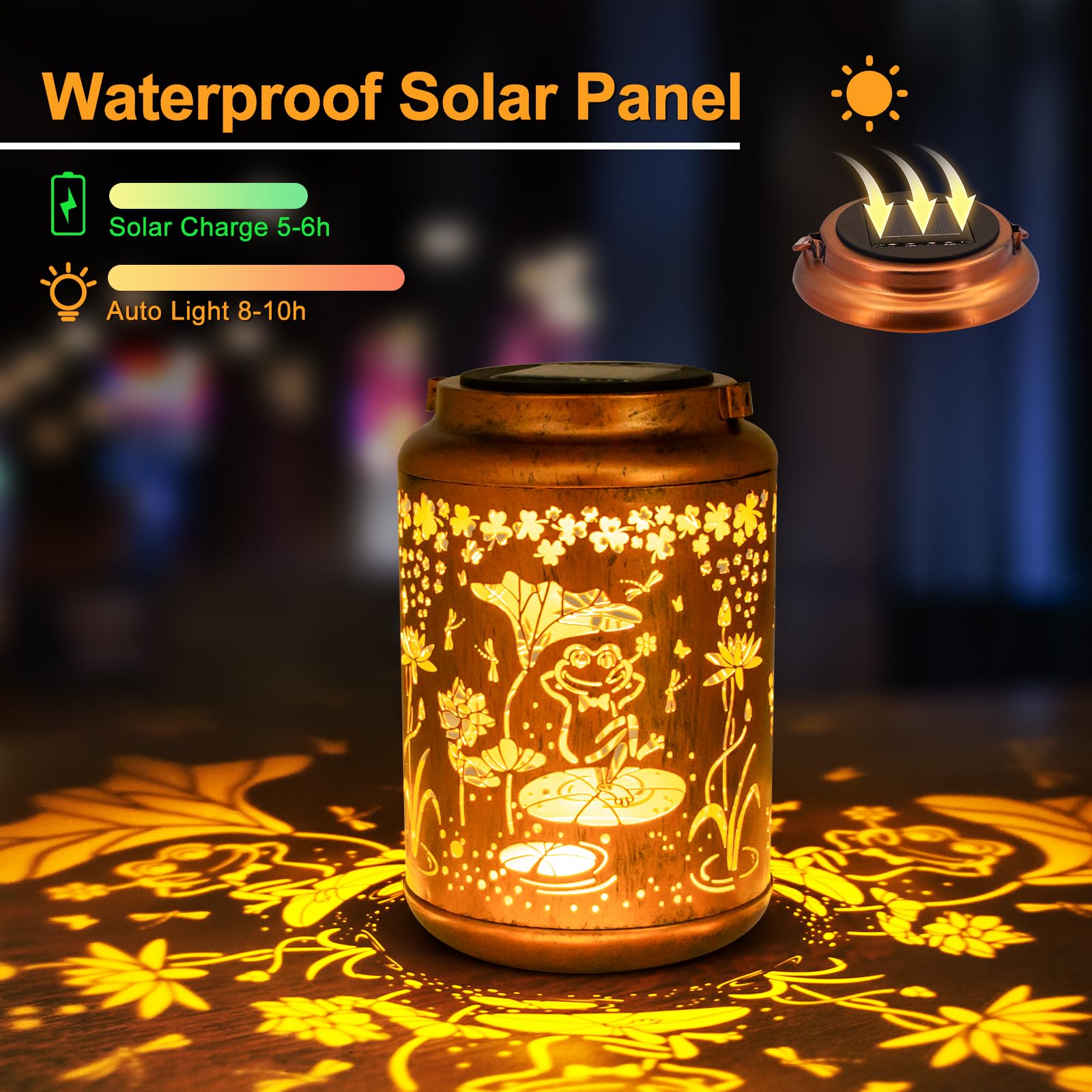 YISITEONE Frog Solar Lanterns 4 Pack, Waterproof Metal Hanging Lights for Garden, Patio, Brown, Model ES04250600009
