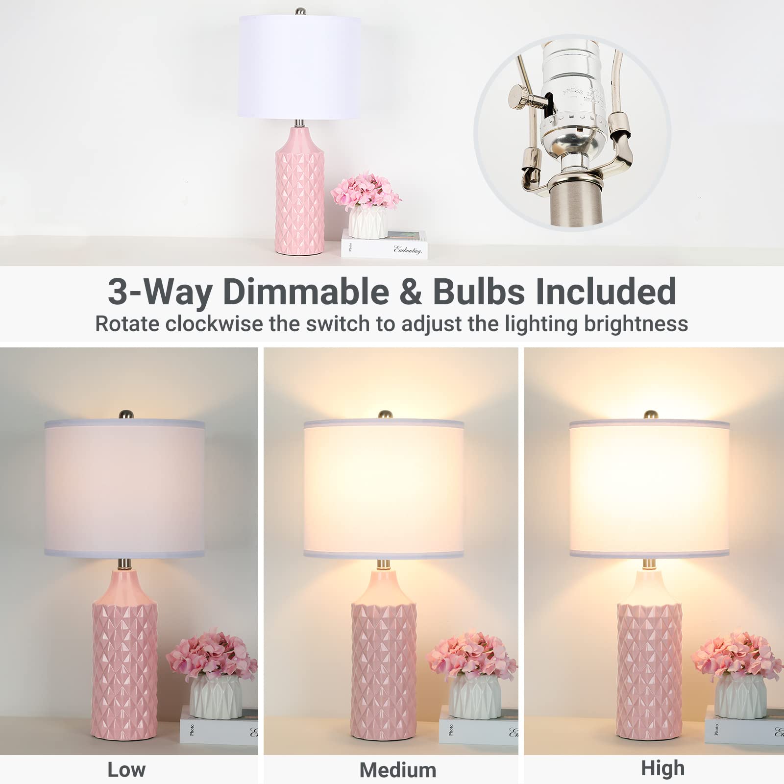 Qingmiao 25&quot; Pink Ceramic Table Lamps Set Of 2, 3-Way Dimmable Nightstand Lighting, Bul