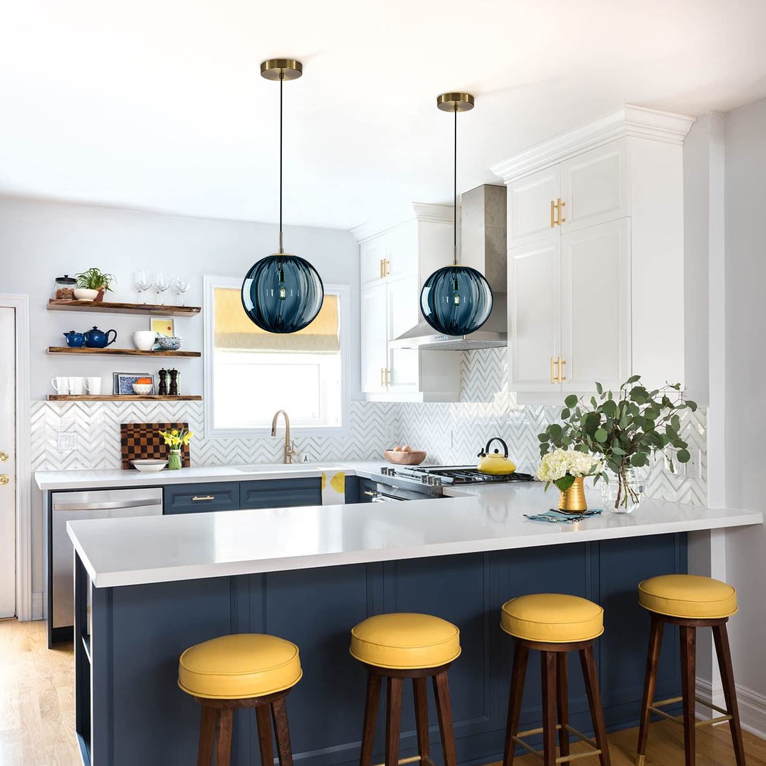 KCO Lighting Modern Pendant Light - 1-Light Ribbed Glass Fixture - 9.8in - Blue - Metal - Model L1124-Blue-L