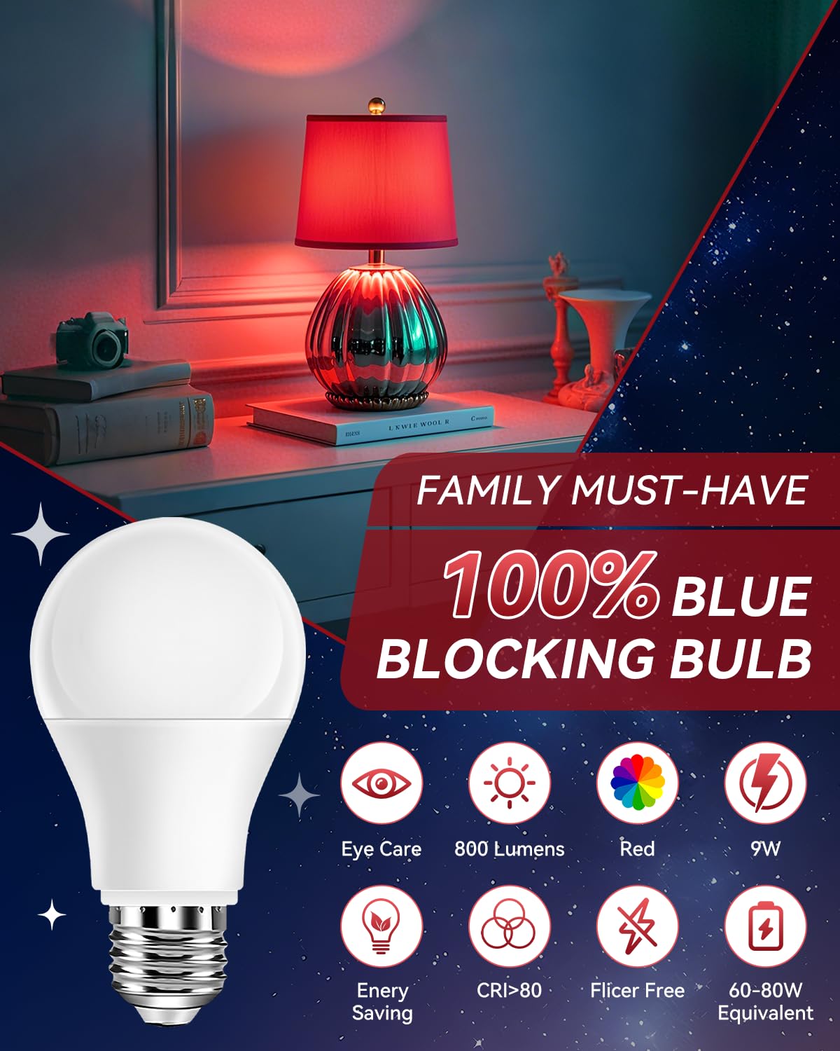 Neporal 9W Red Light Bulbs for Sleep, 100% Blue Light Blocking, Melatonin Promoting, A19 Dim Light for Bedroom & Nursery, 1 Pack