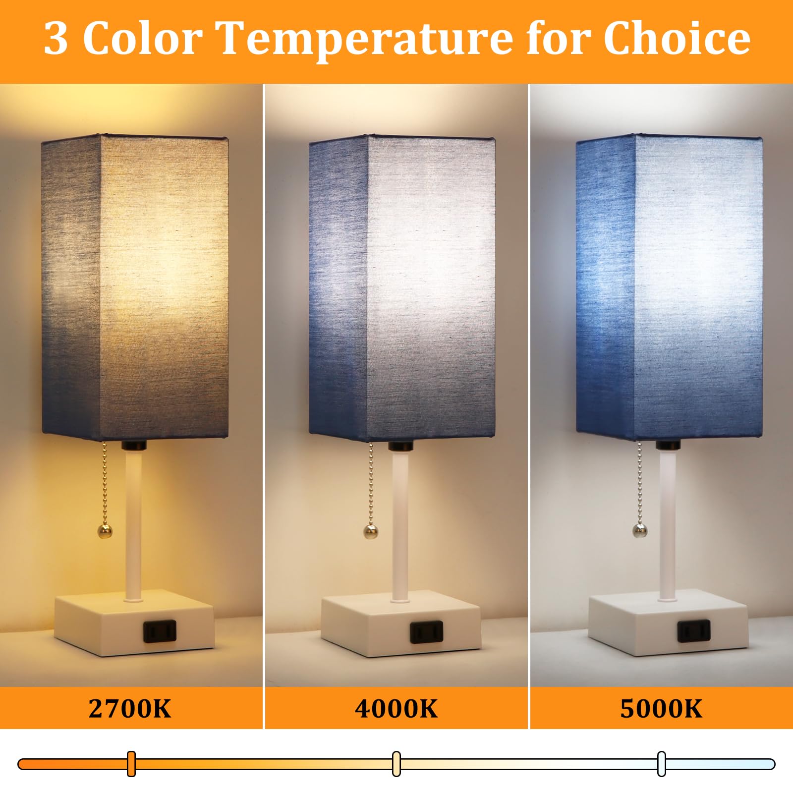 Dott Arts Table Lamp Set of 2, 15inch Metal 3-Color Bedside Lamps with Pull Chain, White-Blue, Model PTL6W-012