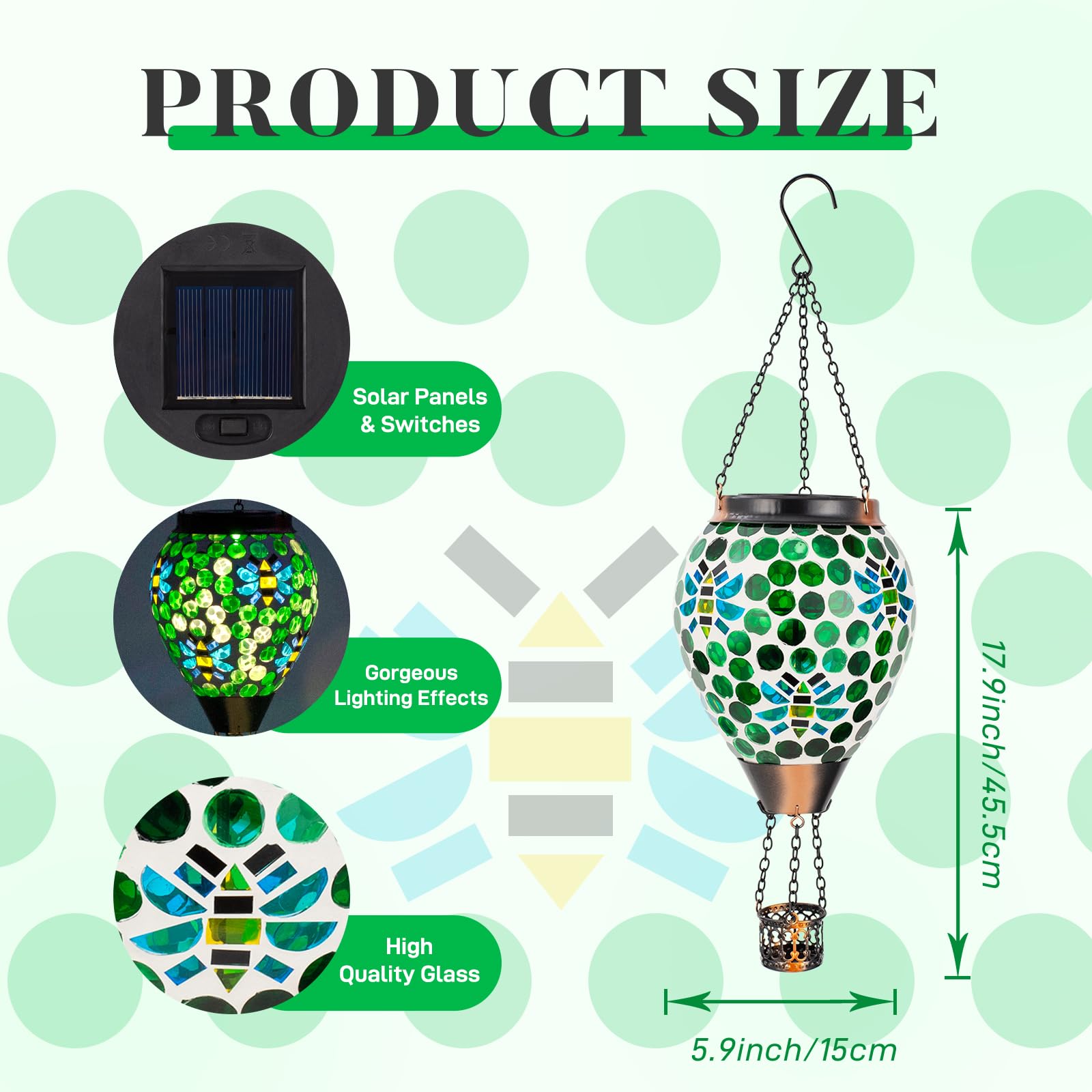DREAMSKIP Solar Hot Air Balloon Lantern - Green Mosaic Glass, Waterproof Hanging Light for Patio & Garden, Model 49120507