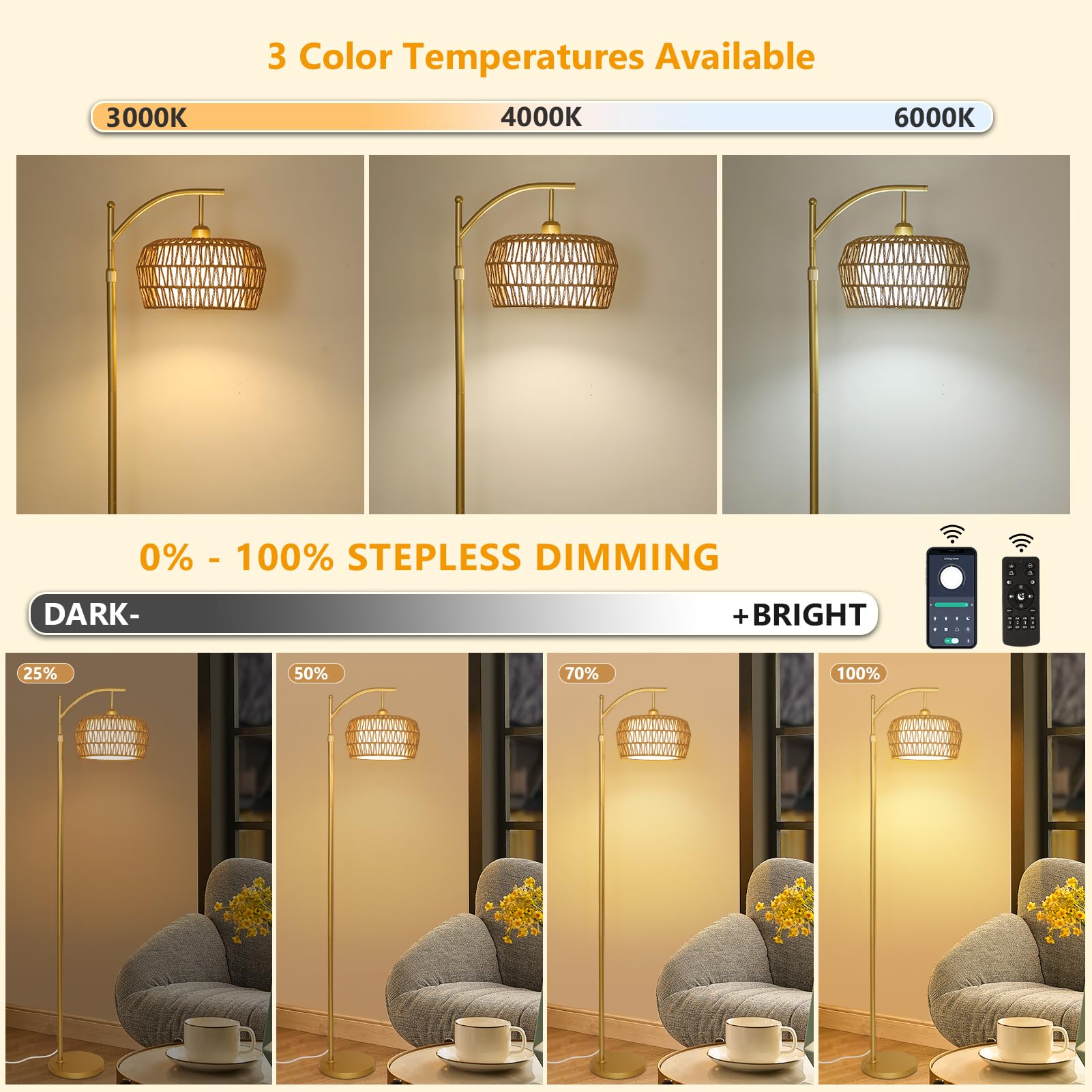 Lamsu Gold Floor Lamps For Living Room, Boho Rattan Floor Lamp With Remote And Dimmable Bulb, 3 Color Temperatures, Modern Arc S