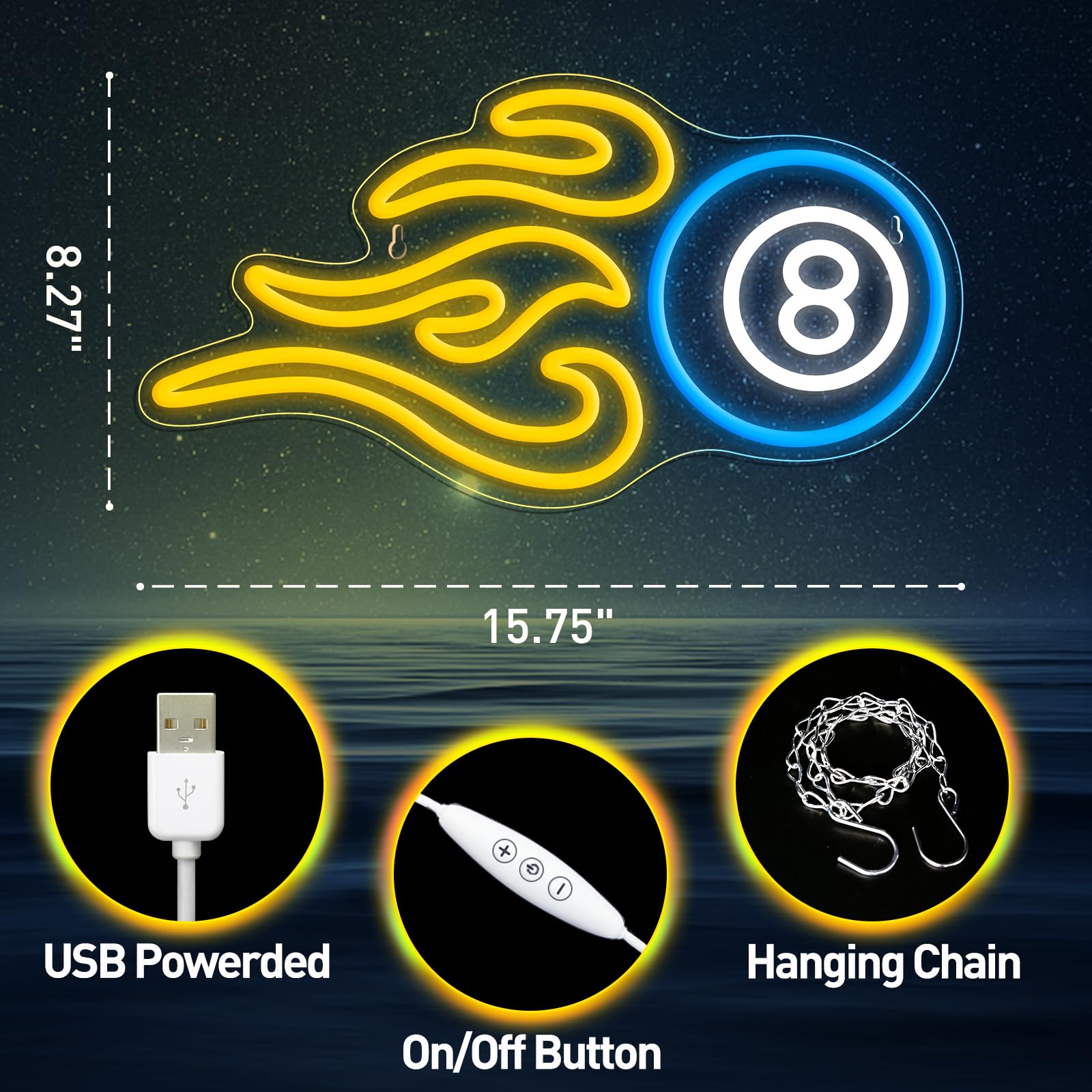 Billiards Neon Sign For Wall Decor, Dimmable Black 8 Led Light Sign, Usb Powered Sign For Gameroom Party Man Cave Beer Bar, Gift Decoration 15.75”×8.27”