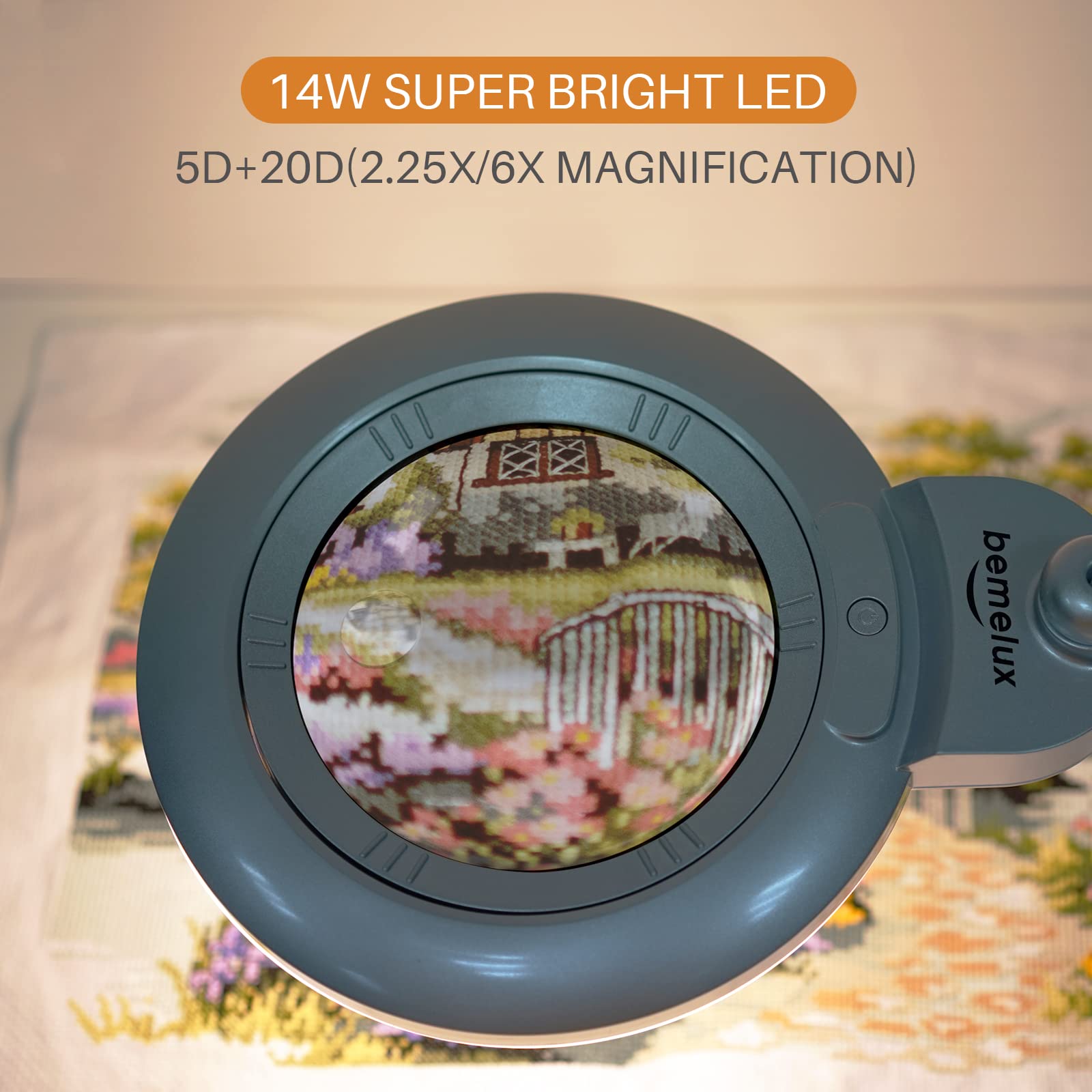 Bemelux Bifocals Magnifying Desk Lamp, 5 Diopter & 20 Diopter, 6in Lens, 1200 Lumens, Silver, Model BLUX9006LED