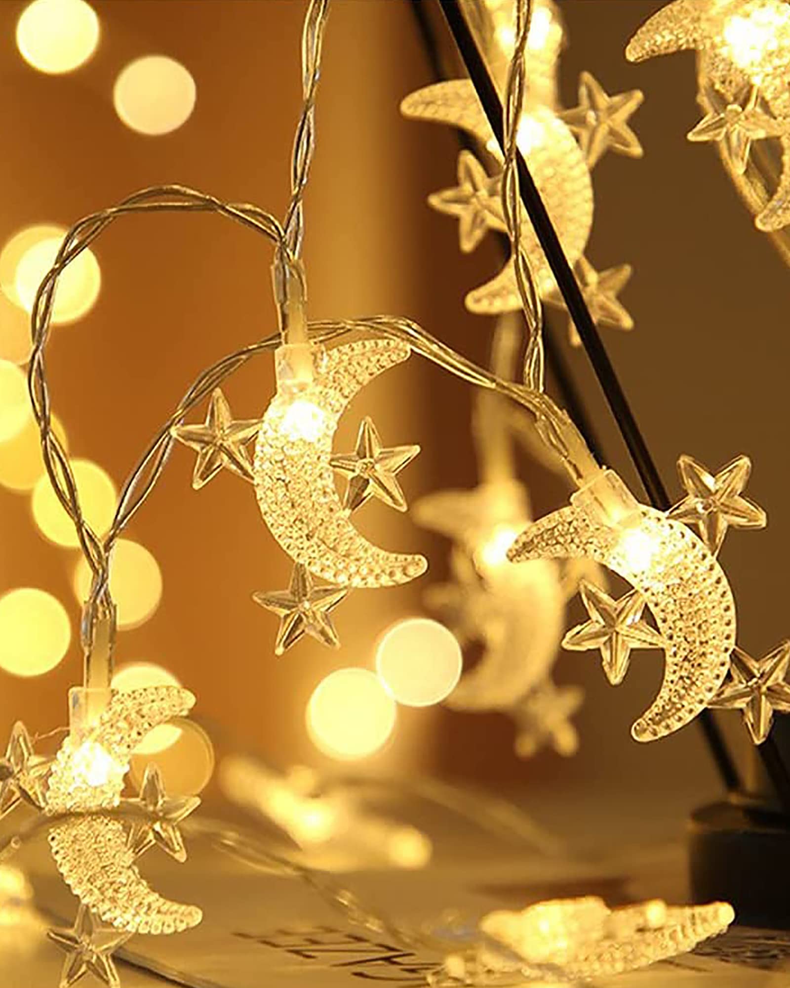 Homesake 50-Led Fairy Copper String Diwali Lights 5M Waterproof,3Aa Battery(Not Included),Warm White (Moon 3 Star),5 meters