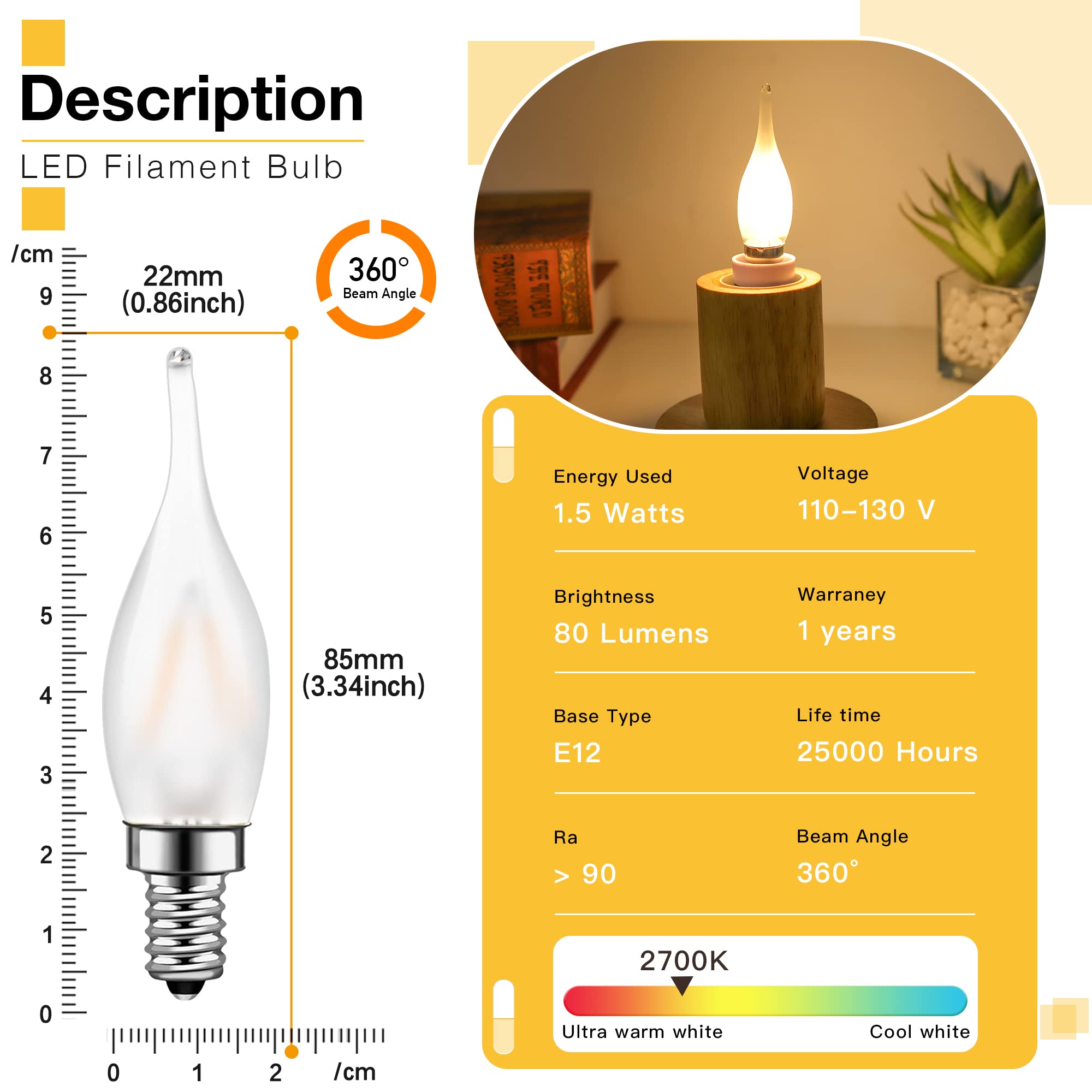 Genixgreen LED Candelabra Bulbs, 15W Equivalent, 1.5W, 12 Pack, Glass, 2700K Soft White, Non-dimmable
