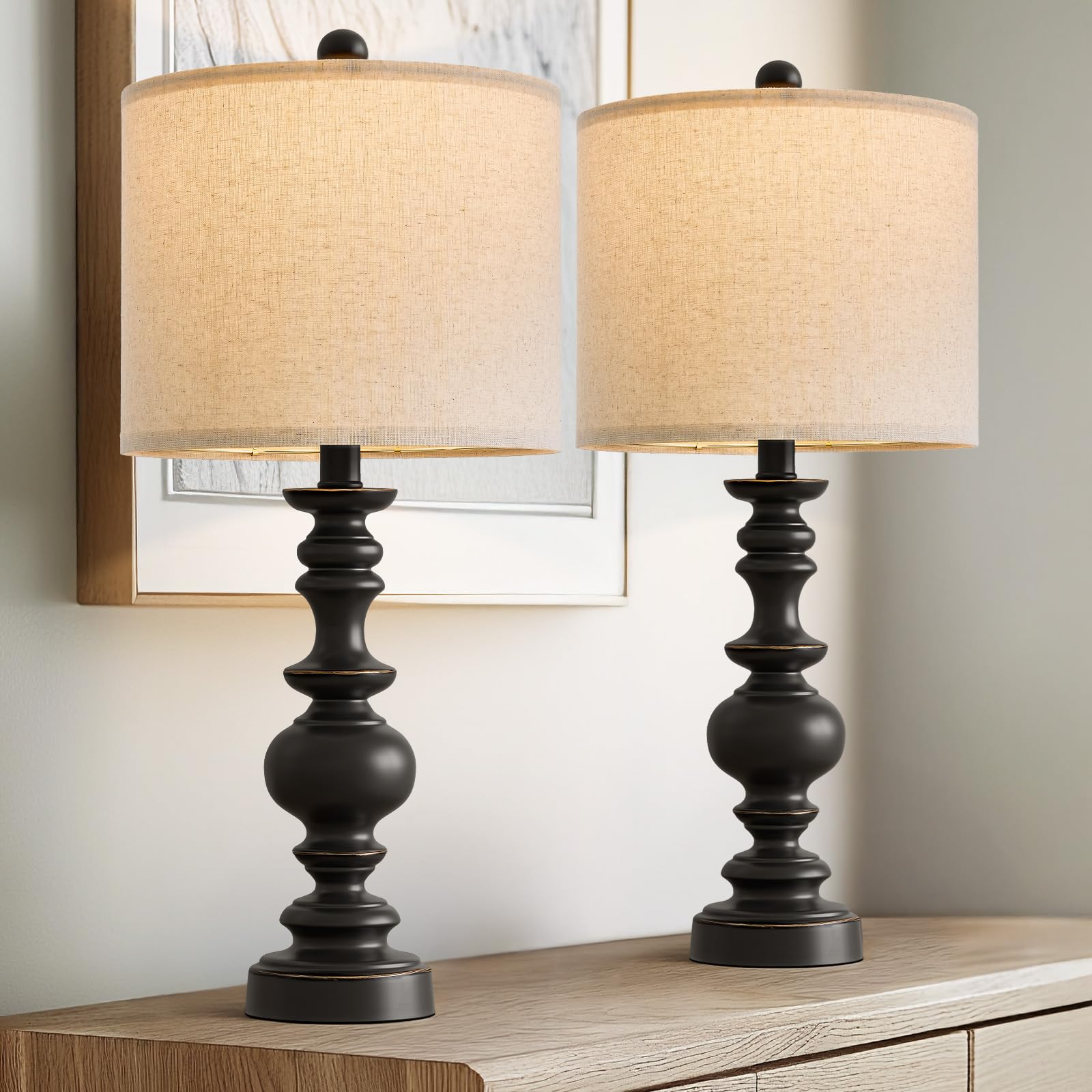 Bobomomo 24Traditional Farmhouse Table Lamp Set Of 2, Vintage Resin Lamps For Living Room Bedroom, Rustic Nightstand Lamp With L