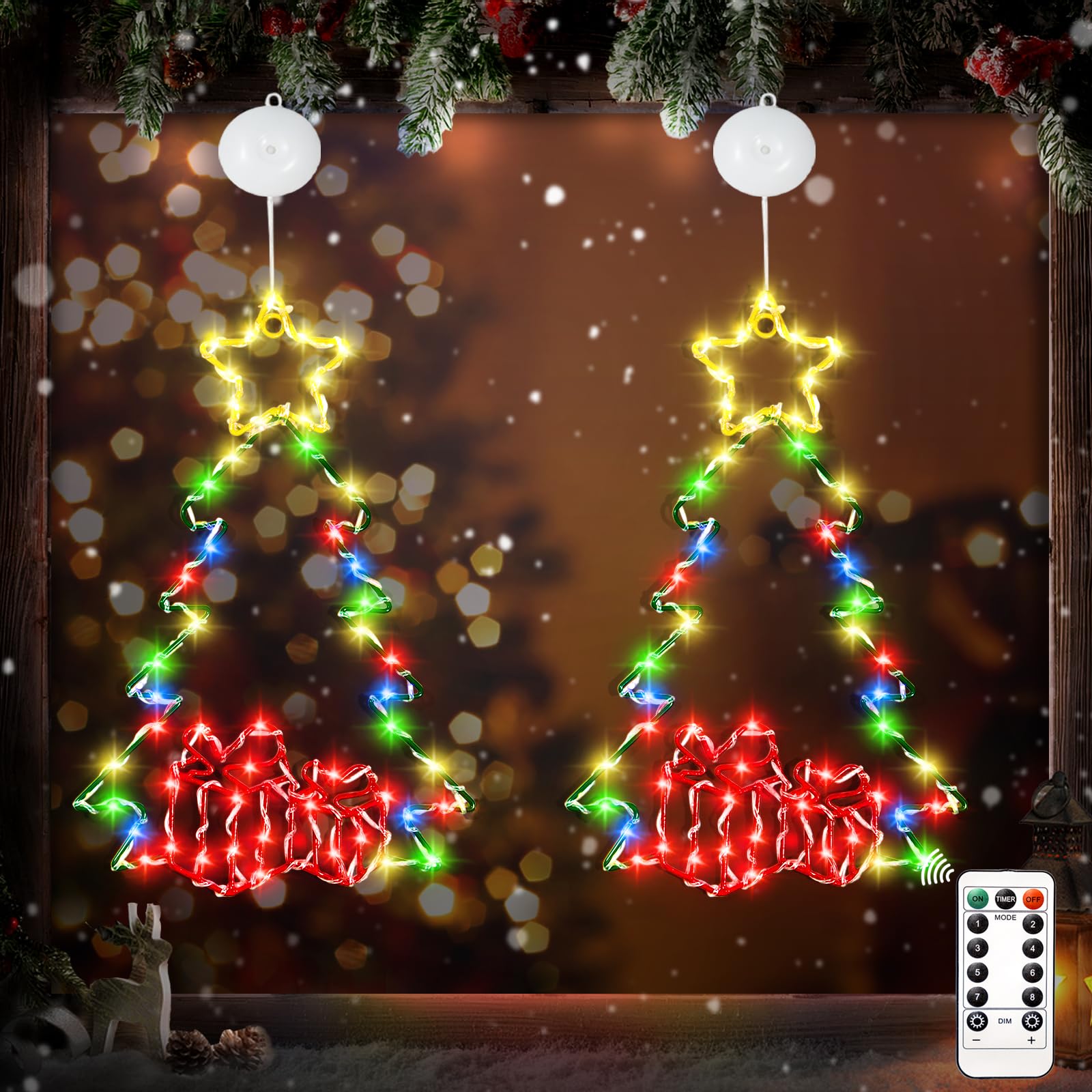 kopotma 2Packs 14in Christmas Decorations Tree LED Lights with Timer, Battery Operated Christmas Tree Window Silhouette Lights Decorations, Christmas Wall Window Hanging Lights for Indoor Outdoor